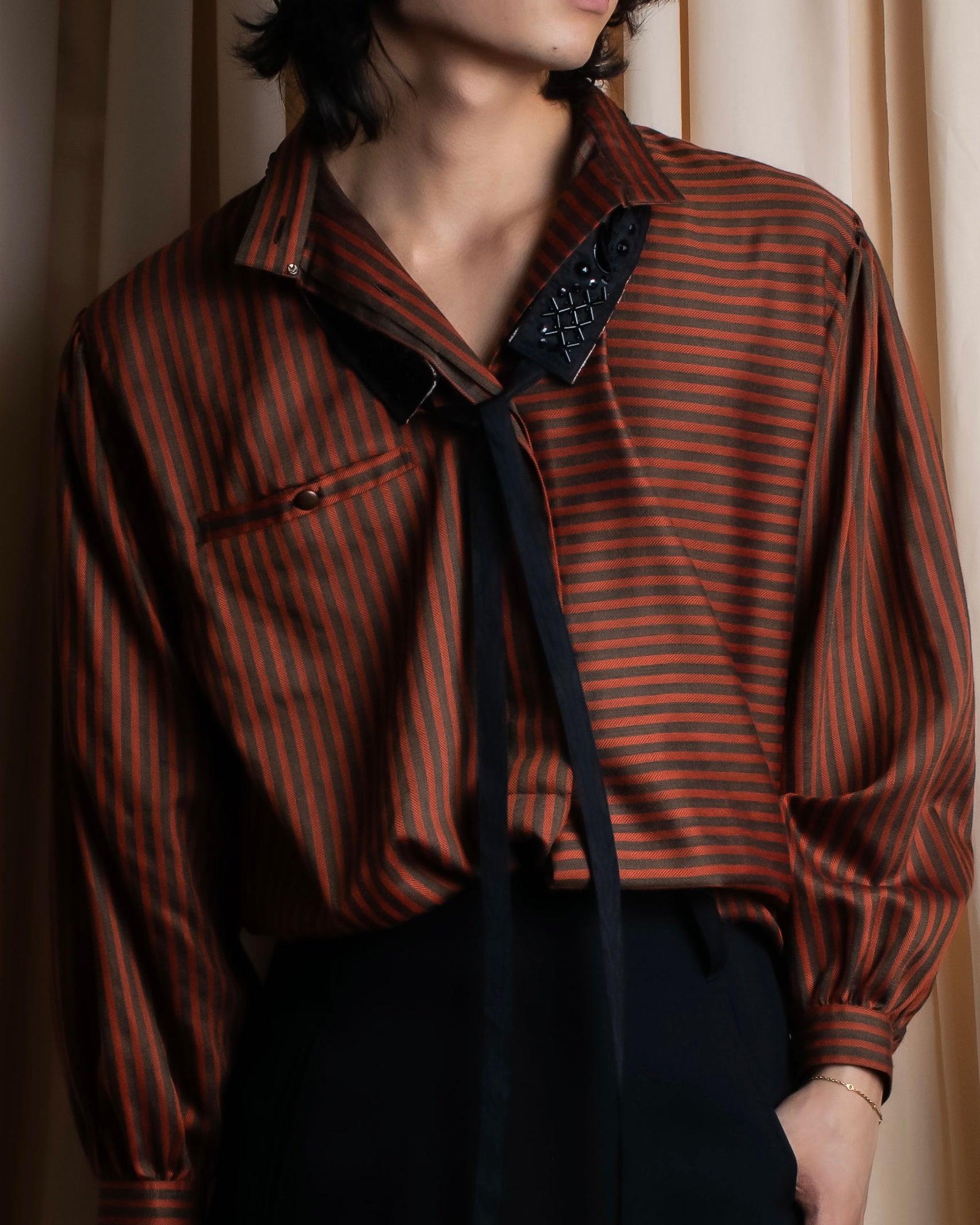 "Christian Dior" Striped &amp; bordered fly front collarless jacket