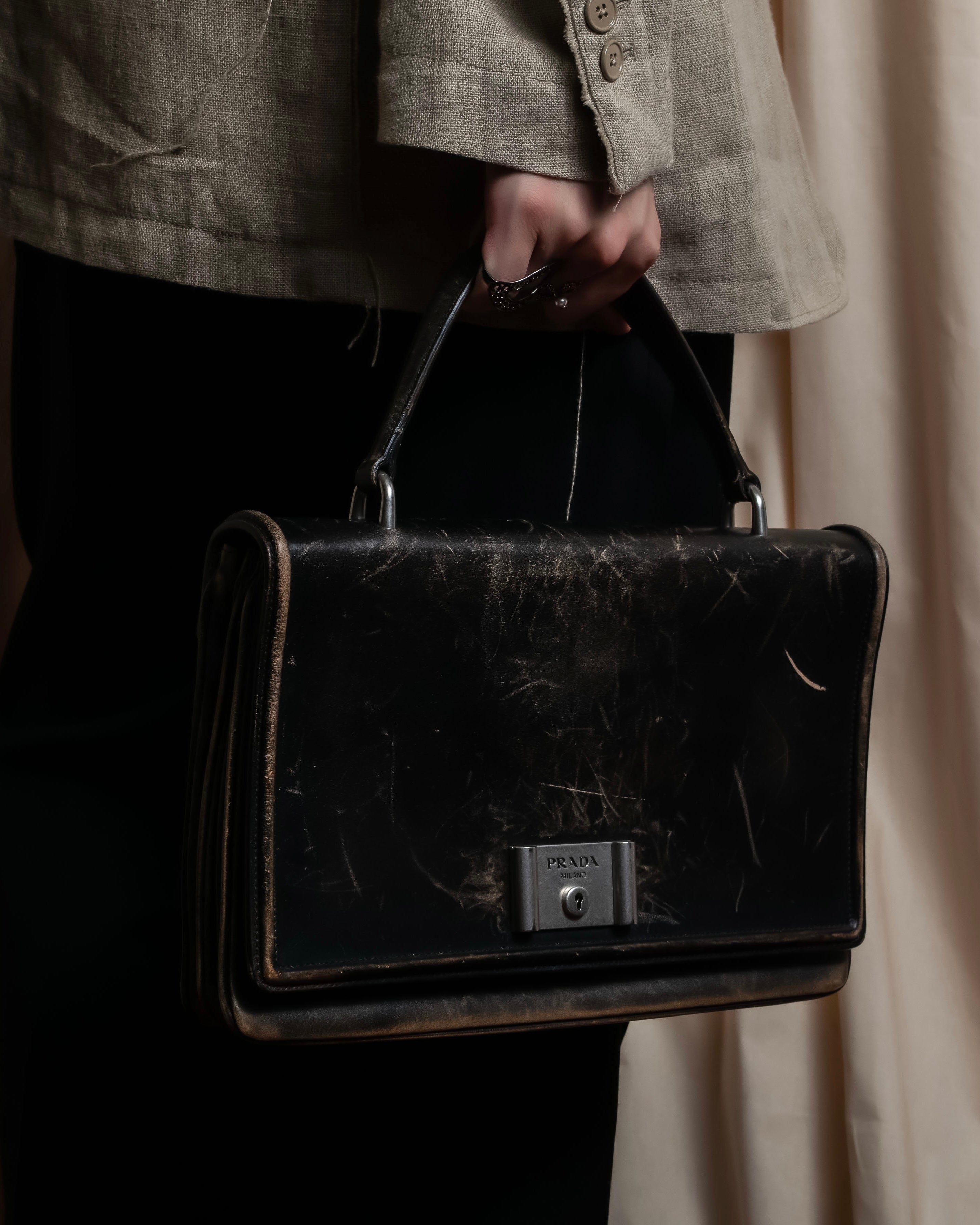 "PRADA" Aged metal parts design leather hand bag