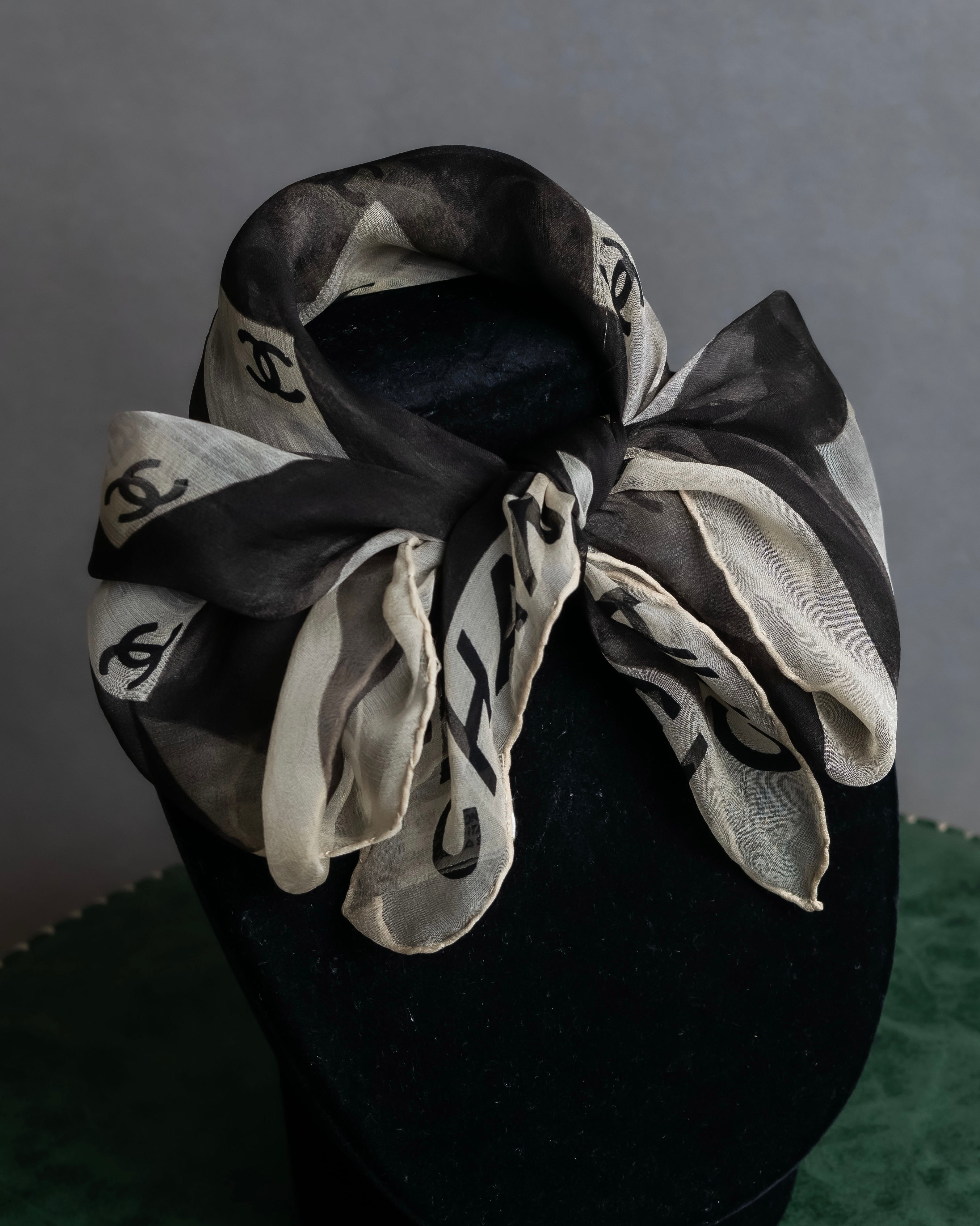 "CHANEL" Coco mark grid pattern silk scarf