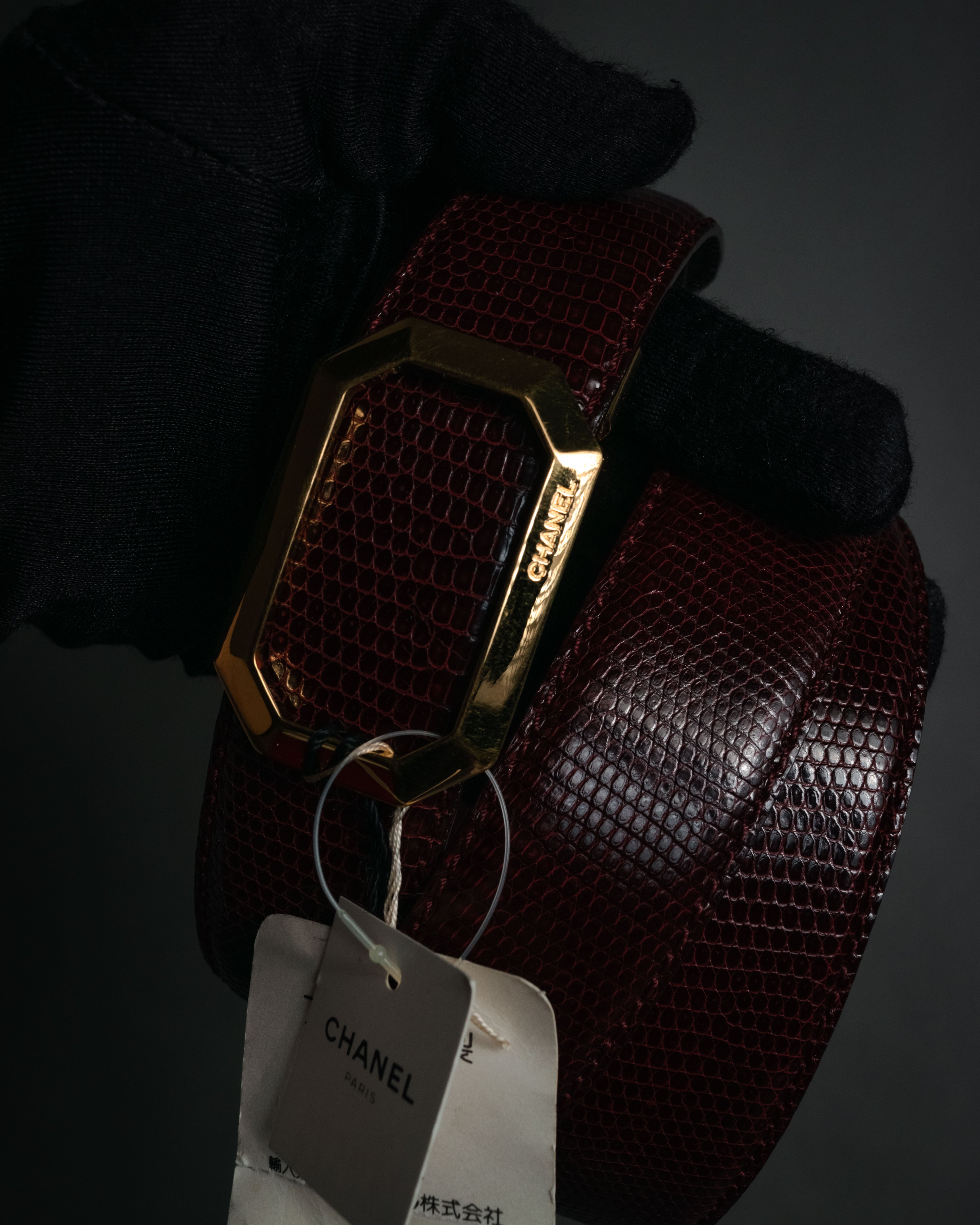 “CHANEL” 90’s Octagon buckle lizard leather belt