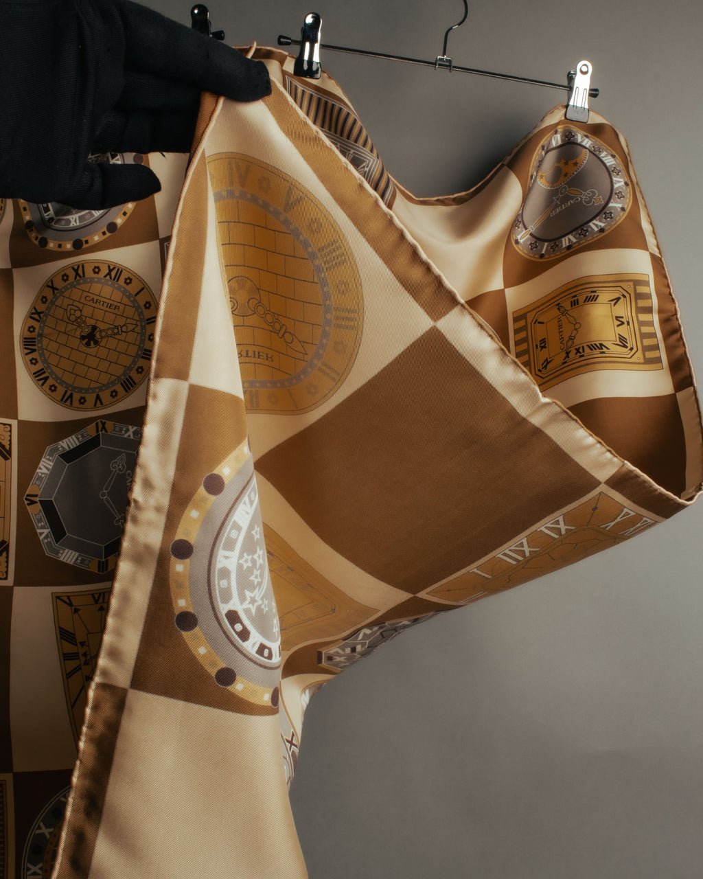 “Cartier“ 80’s-90’s Timepiece motif silk scarf