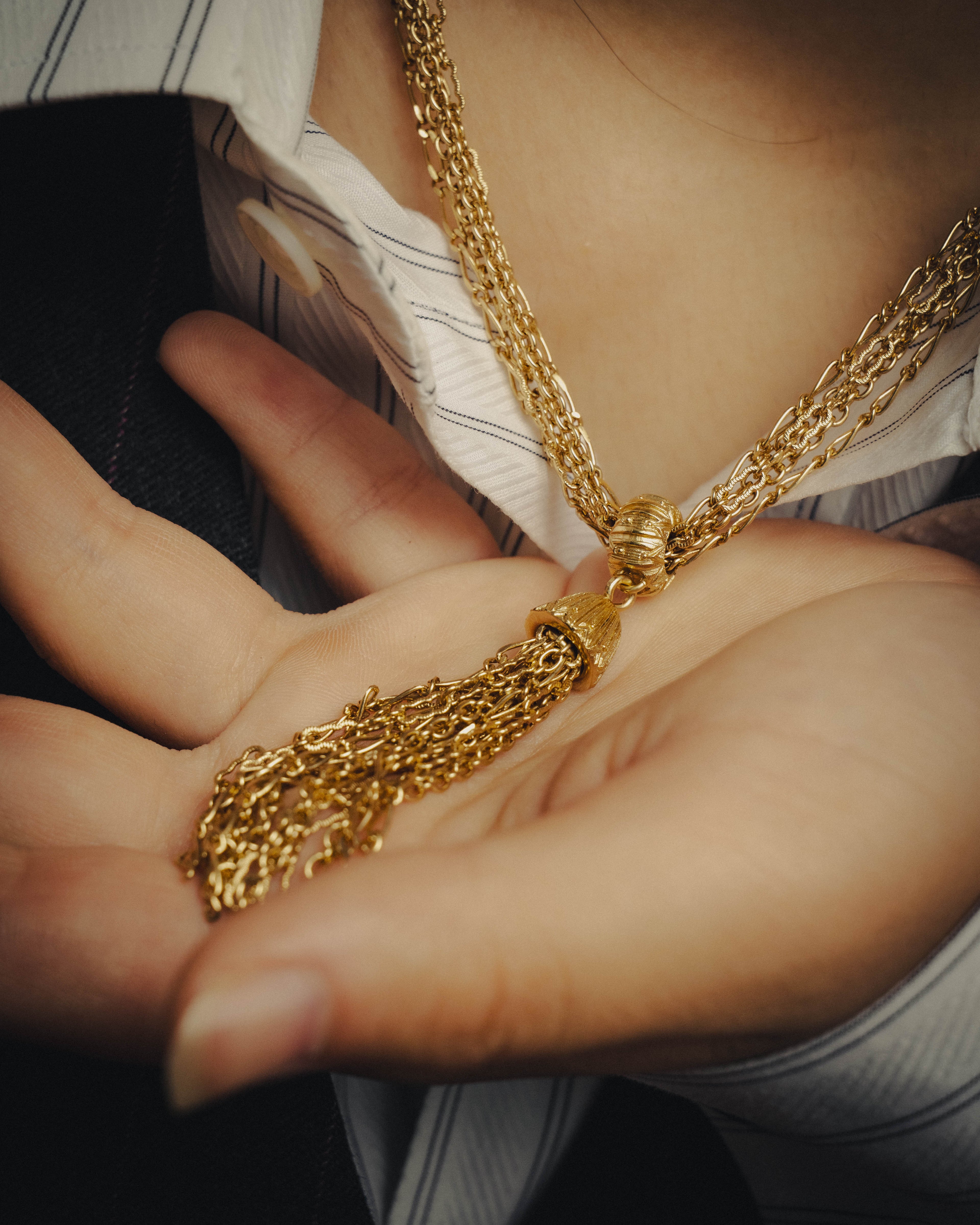 -SPECIAL- "Christian Dior" 80's-90's Multi-strand chain tassel gold necklace