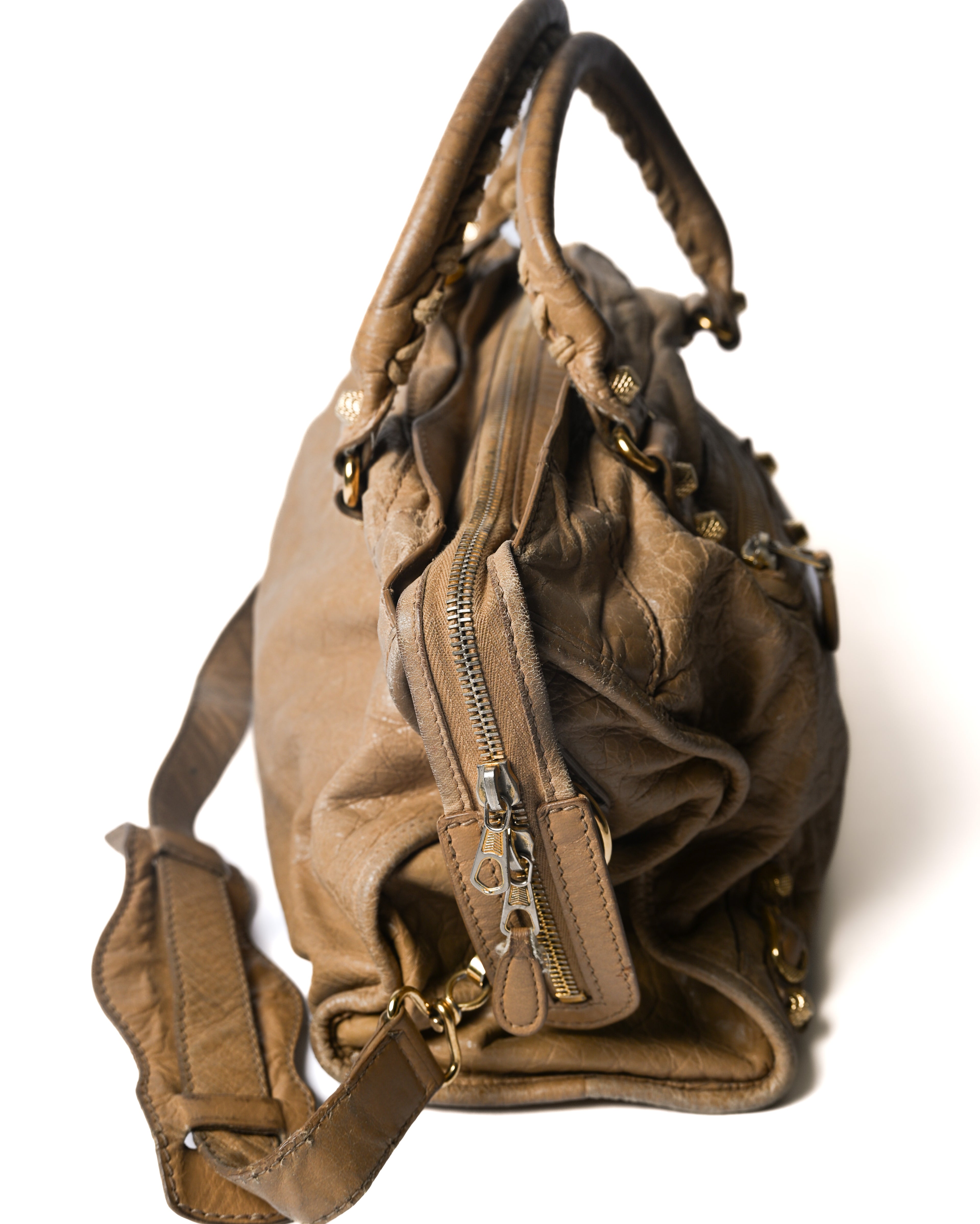 BALENCIAGA/ “Giant City” Gold Studs 2 Way Handbag Beige