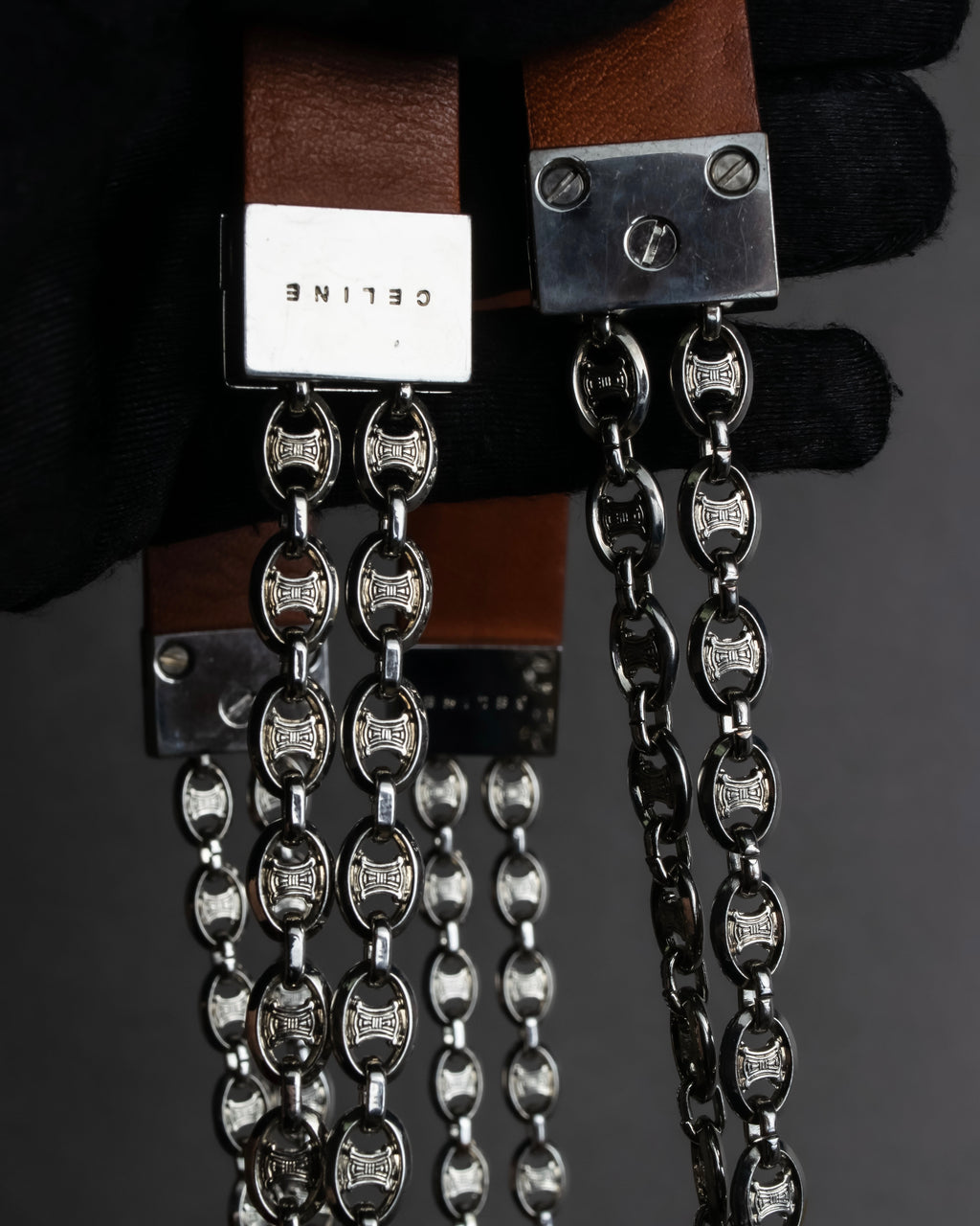 "CELINE" Oval link chain design leather combination belt