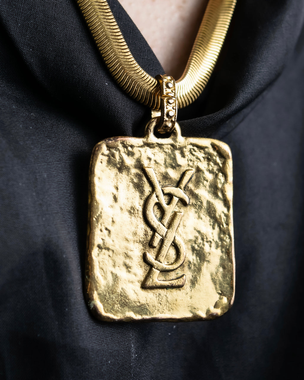 "Yves Saint Laurent" YSL logo plate gold necklace