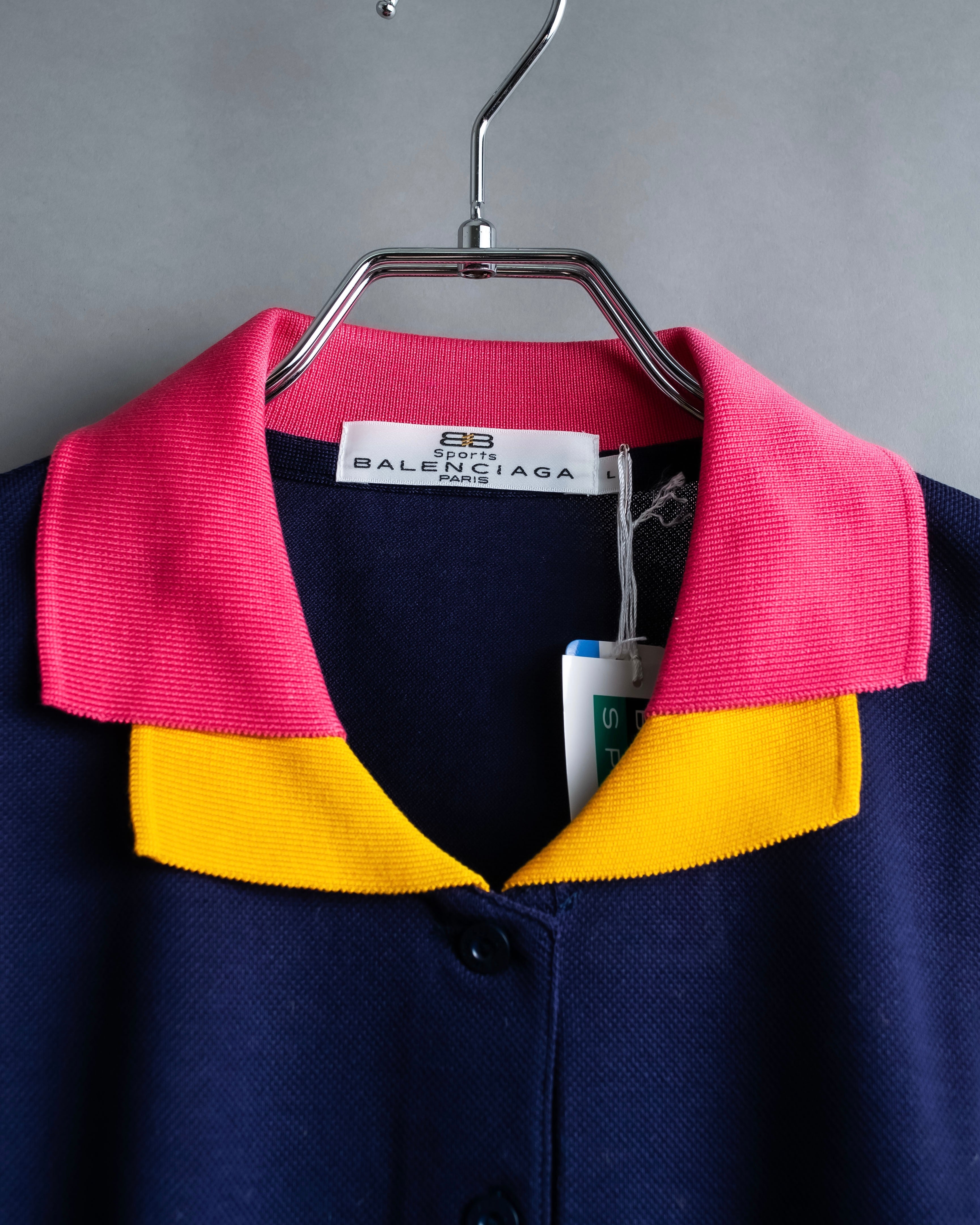 "Balenciaga Sports" Pink & yellow collar long sleeve polo shirt