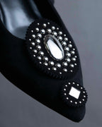 "HERMES" Jewelry design suede heel pumps