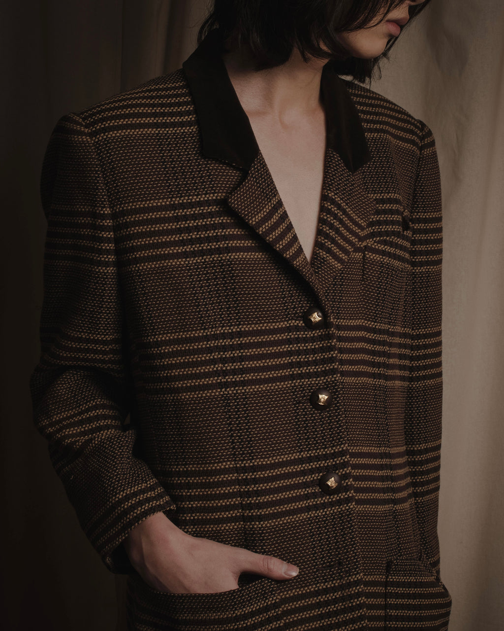 "CELINE" Late 80s–Early 90s velvet-collar woven jacket