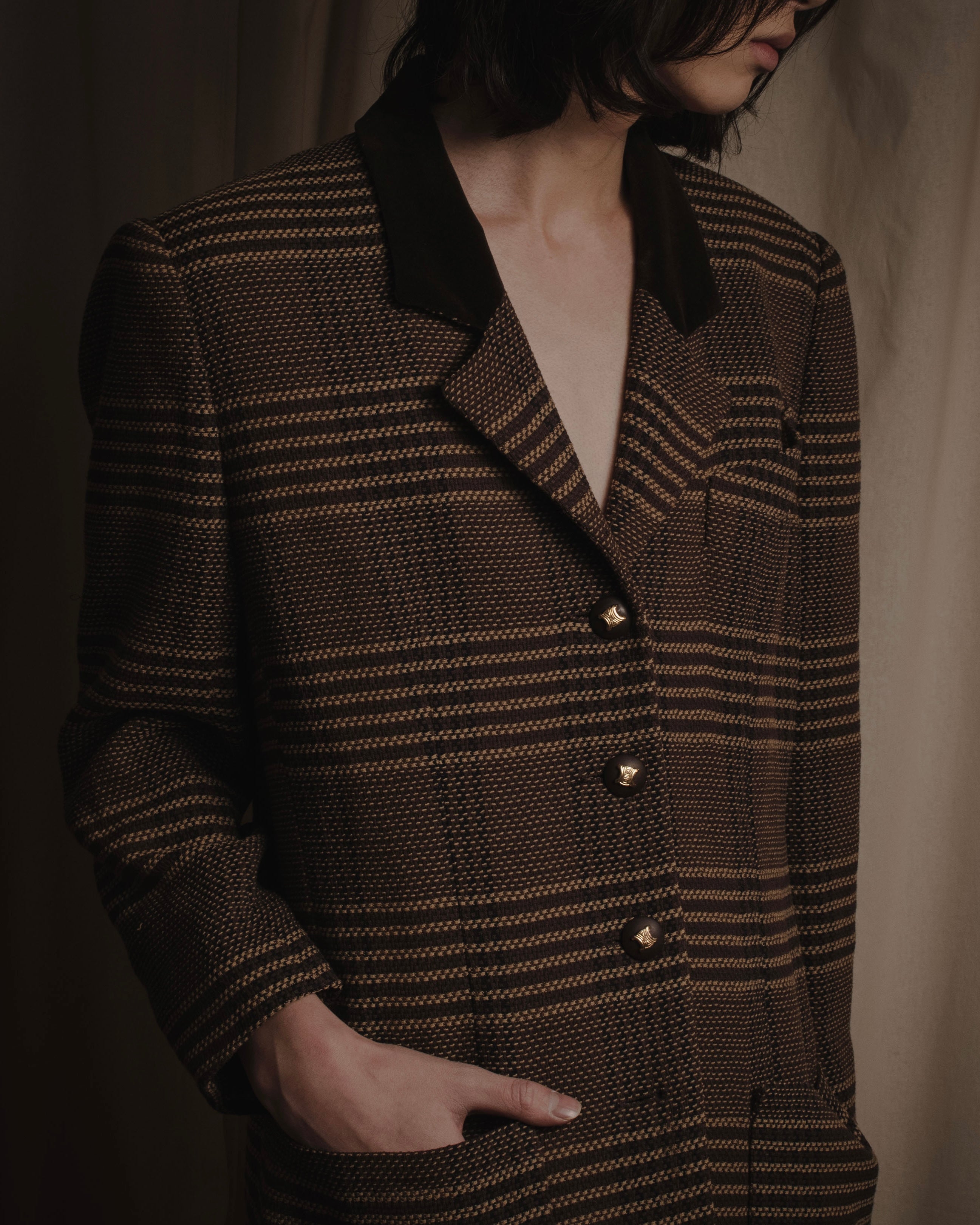 "CELINE" Late 80s–Early 90s velvet-collar woven jacket