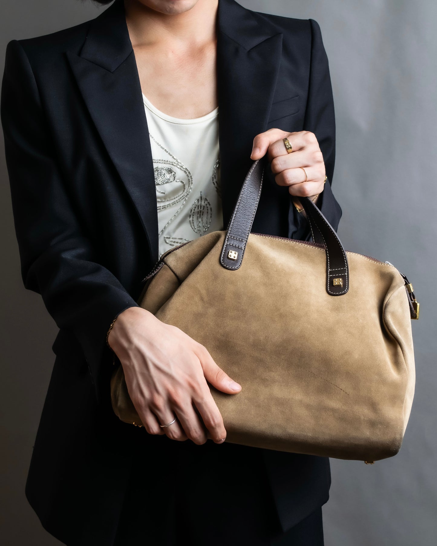 "LOEWE" Logo engraved suede mini boston bag