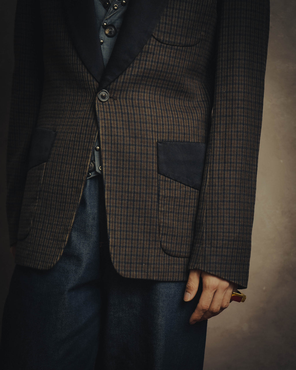 -SPECIAL- "Maison Martin Margiela" 00's Check shawl collar smoking jacket with satin contrast
