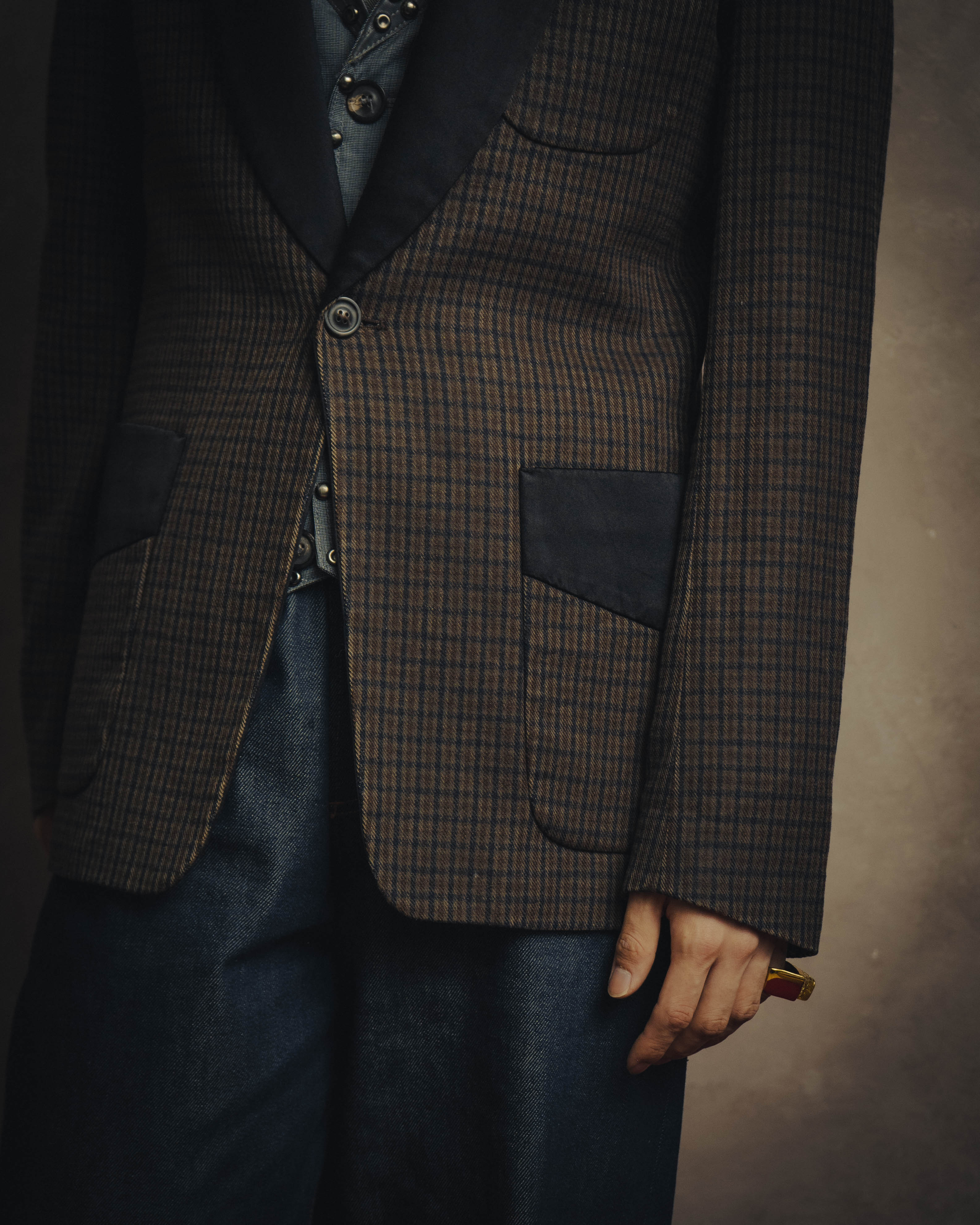 -SPECIAL- "Maison Martin Margiela" 00's Check shawl collar smoking jacket with satin contrast