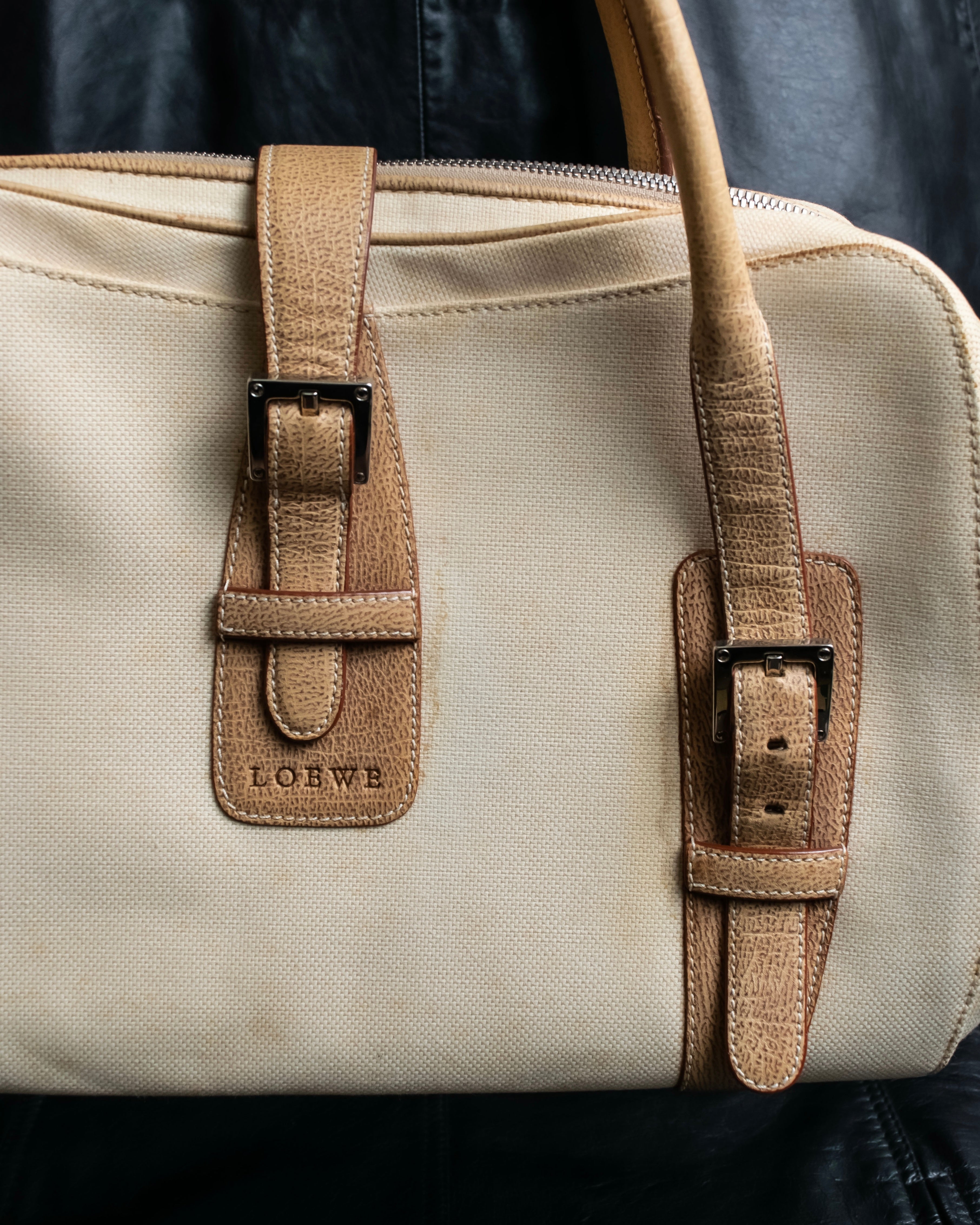 “LOEWE” Leather belted design bicolor handbag