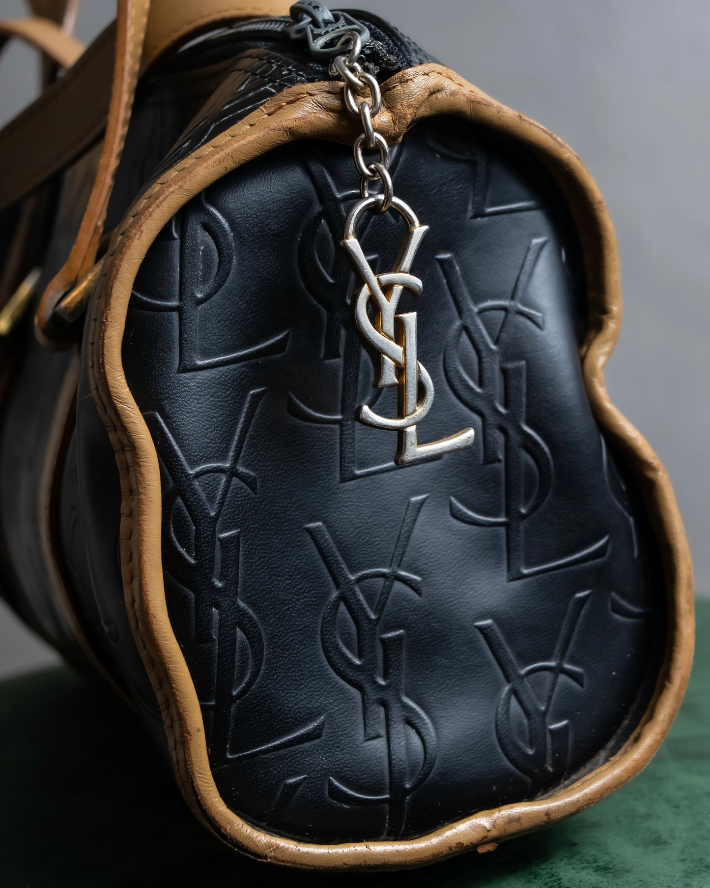 "YVES SAINT LAURENT" Logo engraved bicolor leather boston bag