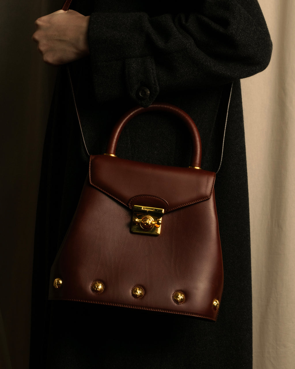 "Salvatore Ferragamo" Coin motif metal design leather hand bag