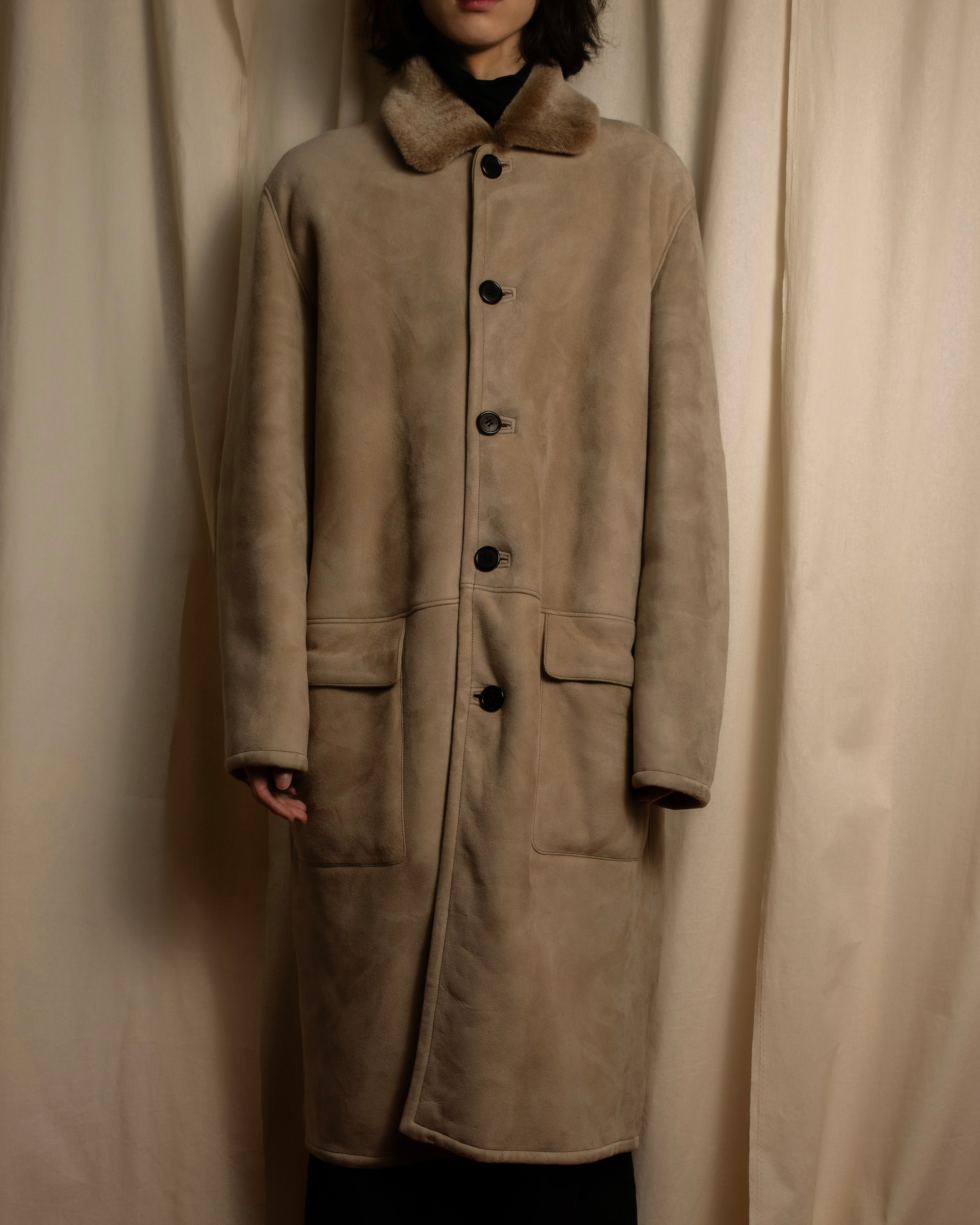-SPECIAL- "LOEWE" 90's-10's Fur collar cordero lambskin long coat