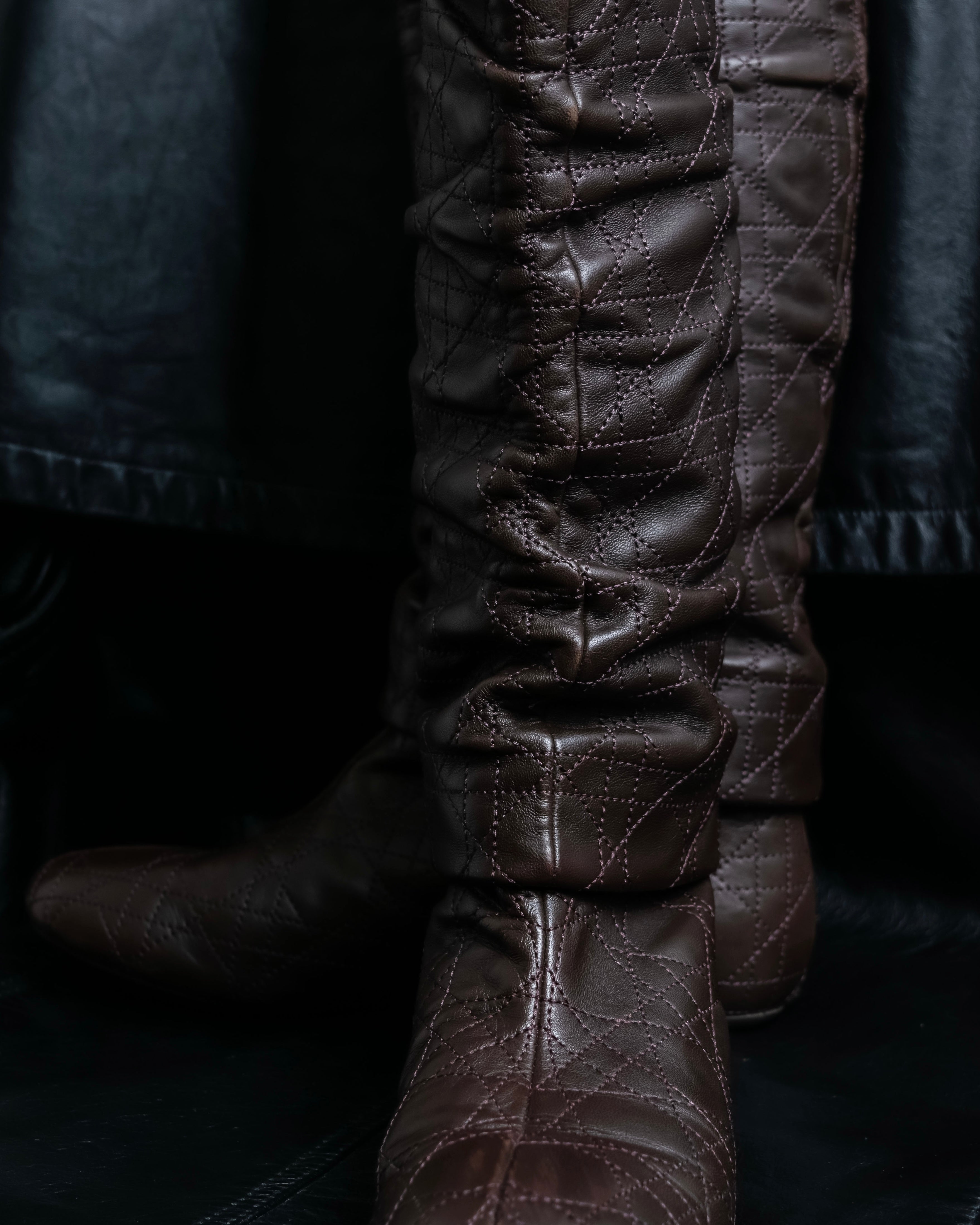 “Christian Dior” Brown Cannage leather long boots