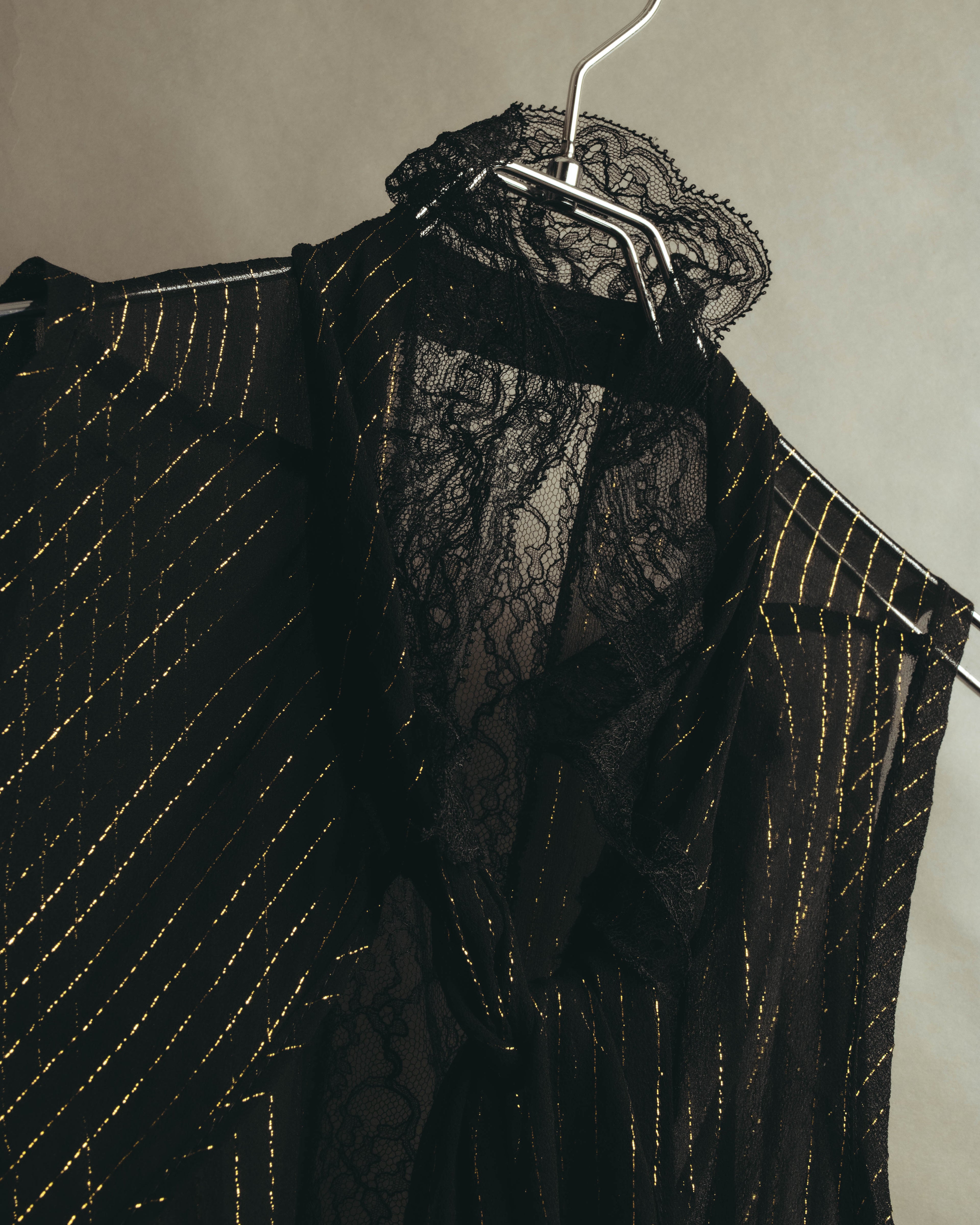 “PINKO” 2010’s Metallic striped lace georgette bow blouse