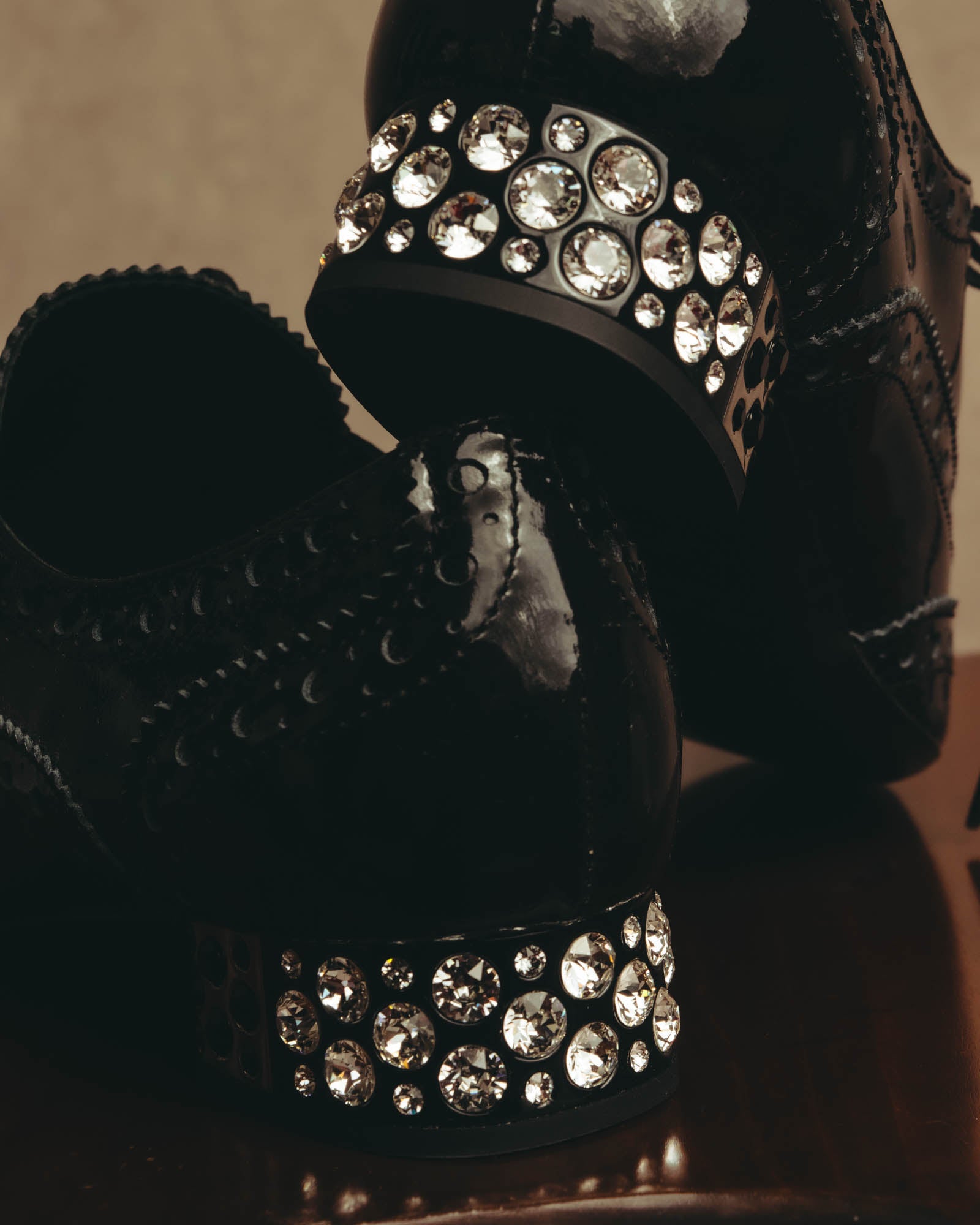 -SPECIAL- “Miu Miu” 2010’s Crystal embellished heel patent leather brogue shoes