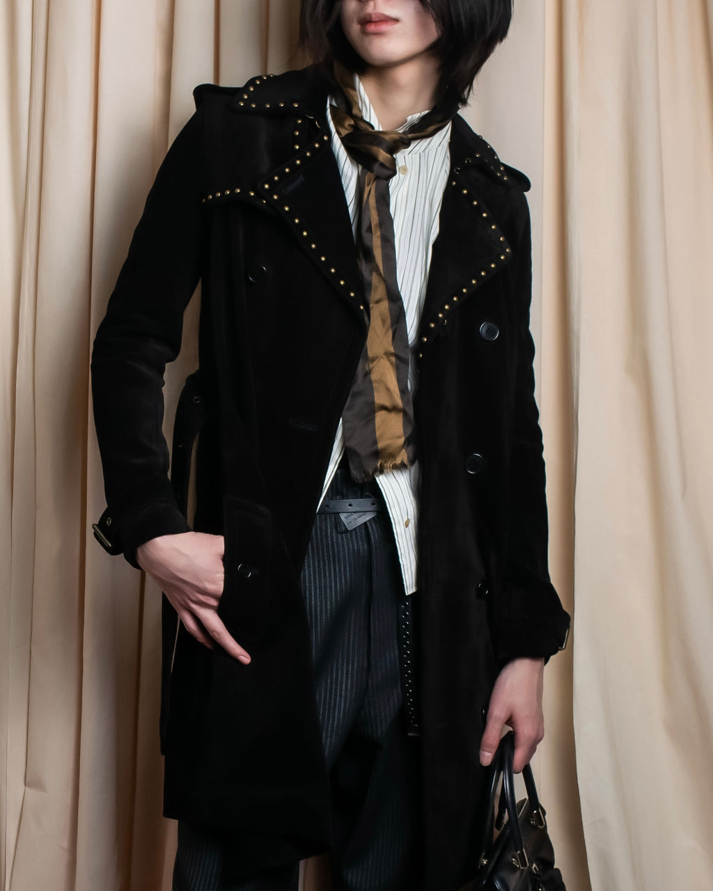 "Saint Laurent" 19AW gold studs design suede long coat