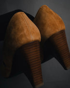 "HERMES" 00’s-10’s Suede V-cut  sculptural wood heel pumps