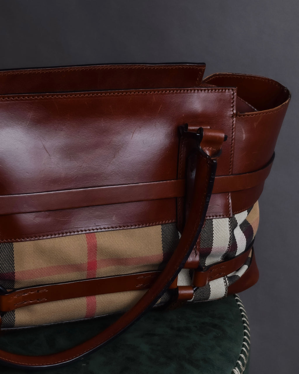 "BURBERRY" Harness detail check canvas leather bag