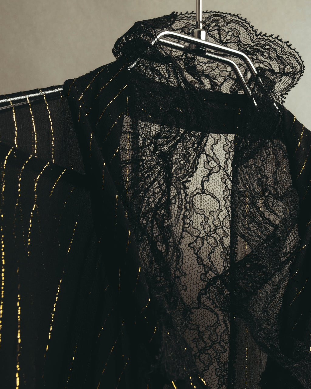 “PINKO” 2010’s Metallic striped lace georgette bow blouse