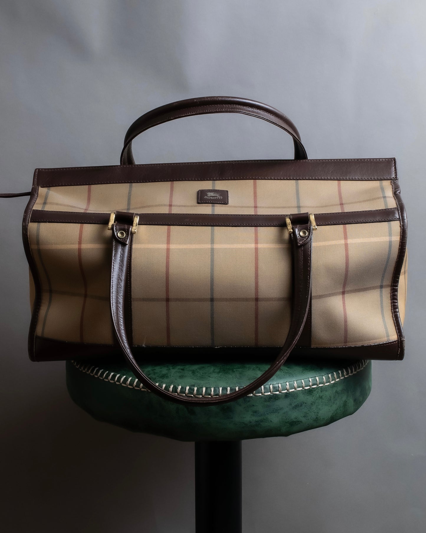 "BURBERRYS" Multi color check pattern canvas leather combination boston bag