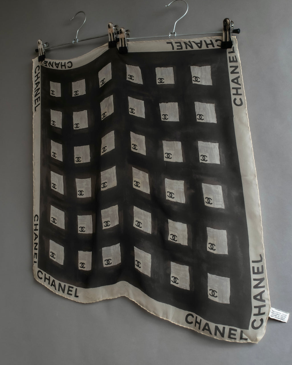 "CHANEL" Coco mark grid pattern silk scarf