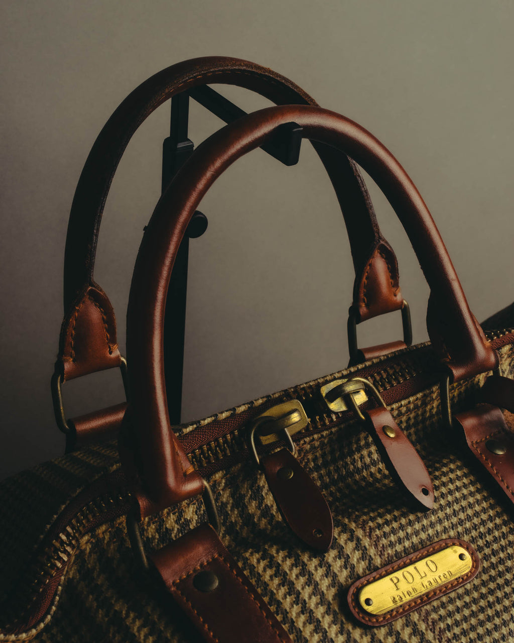 "Polo Ralph Lauren" 80's-90's Houndstooth leather trim travel bag