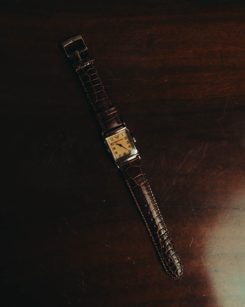 “EMPORIO ARMANI” Late 90’s-early 10’s Art deco rectangular leather strap watch