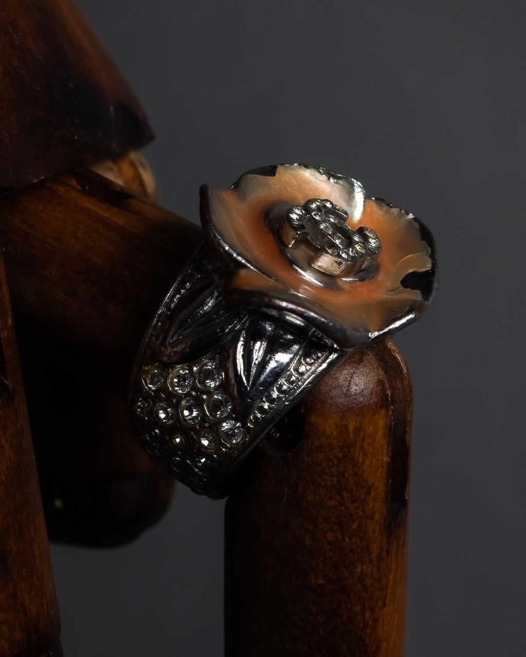 "CHANEL" Camellia motif rhinestone logo design ring