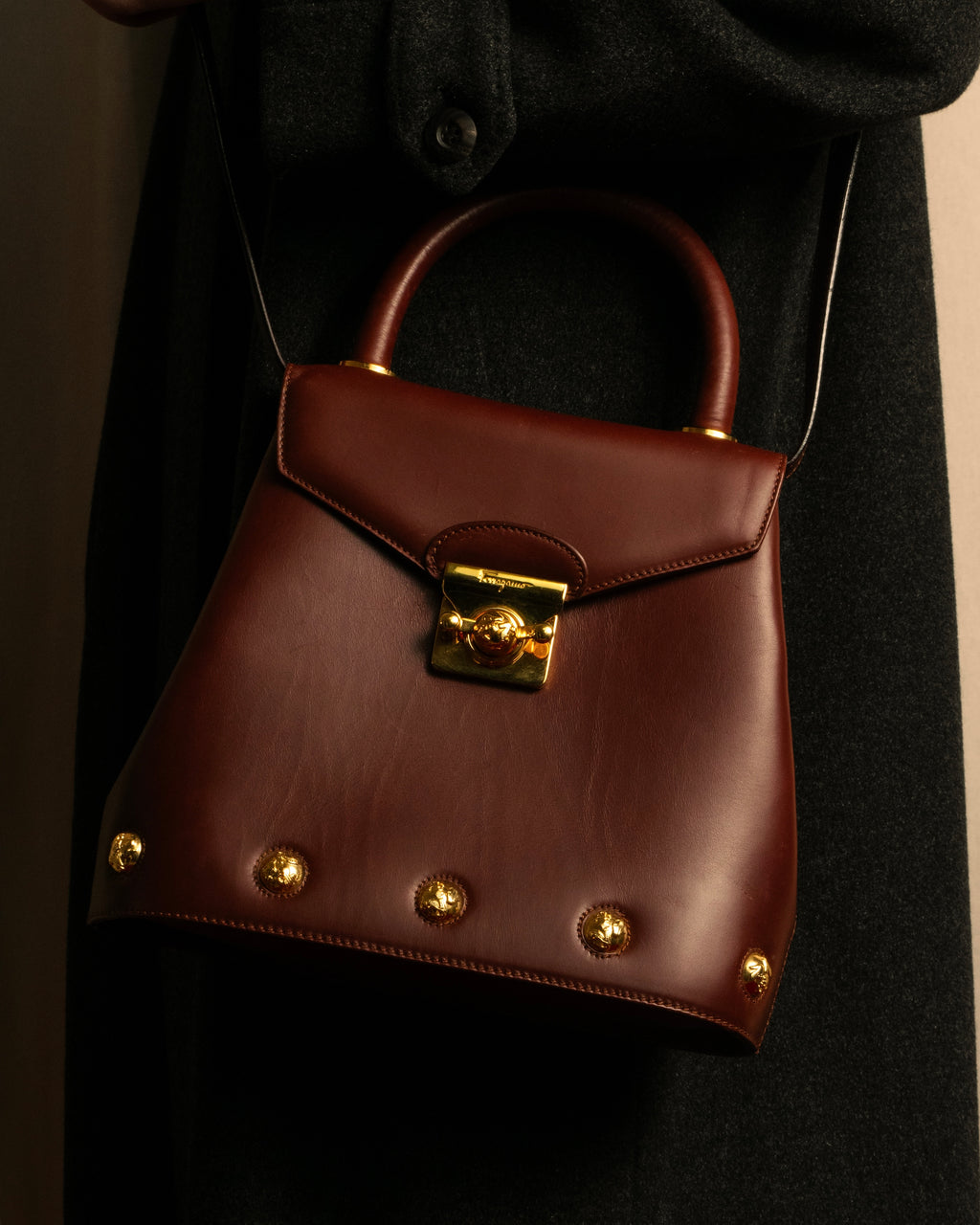 "Salvatore Ferragamo" Coin motif metal design leather hand bag