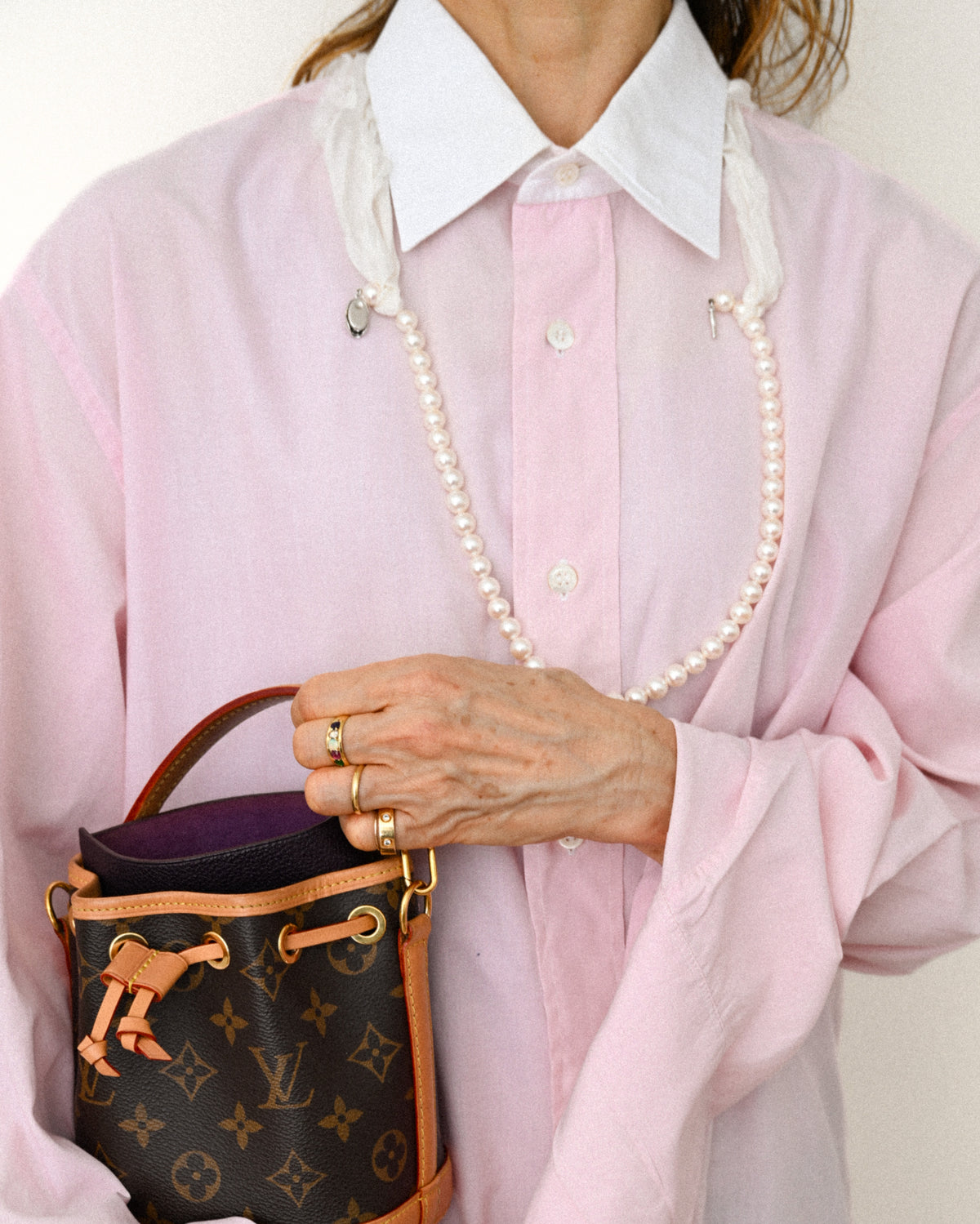 HERMES/ Oversized French Cuffed Contrast Collar Dress Shirt Pink
