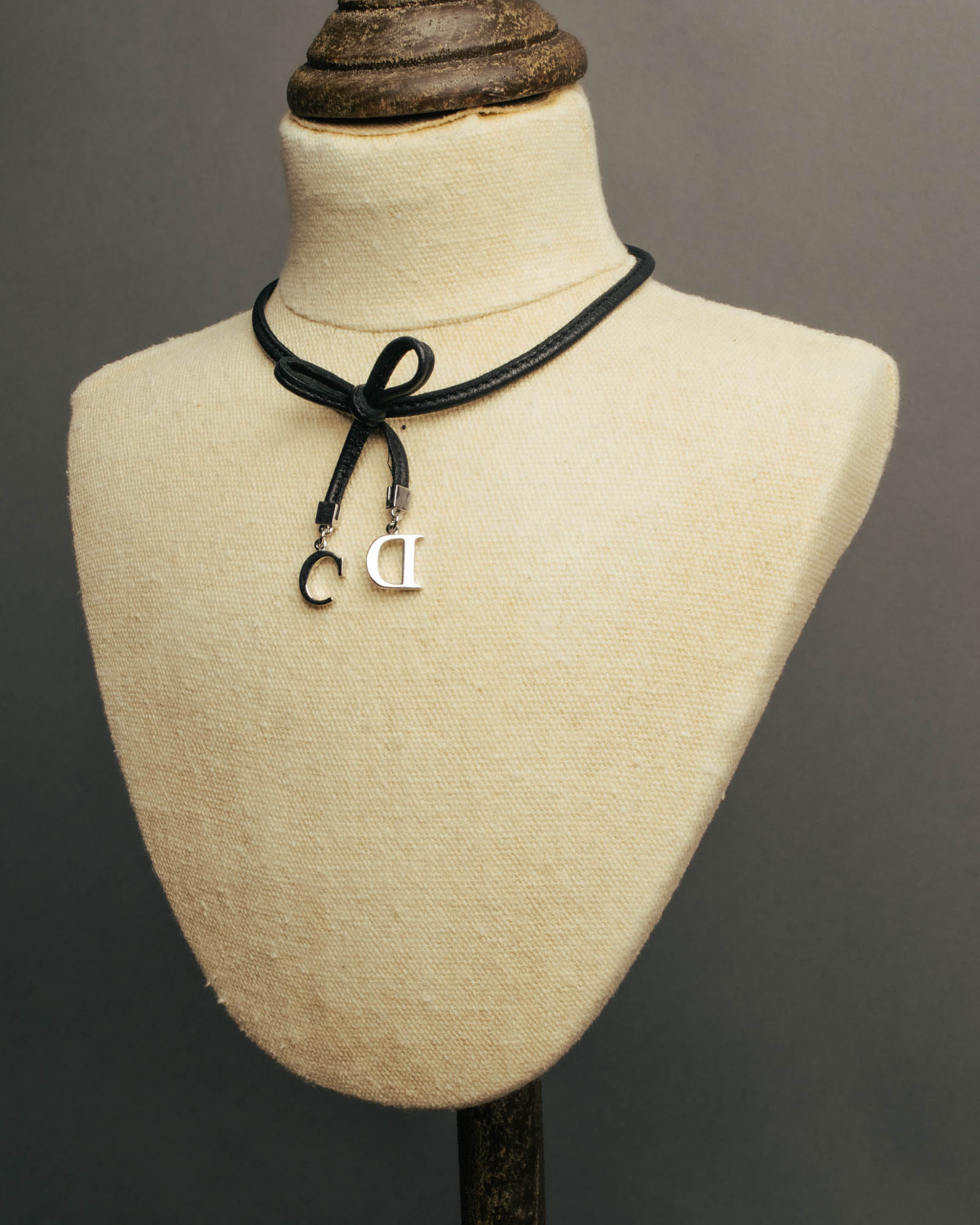 "Christian Dior" Ribbon charm leather cord choker necklace