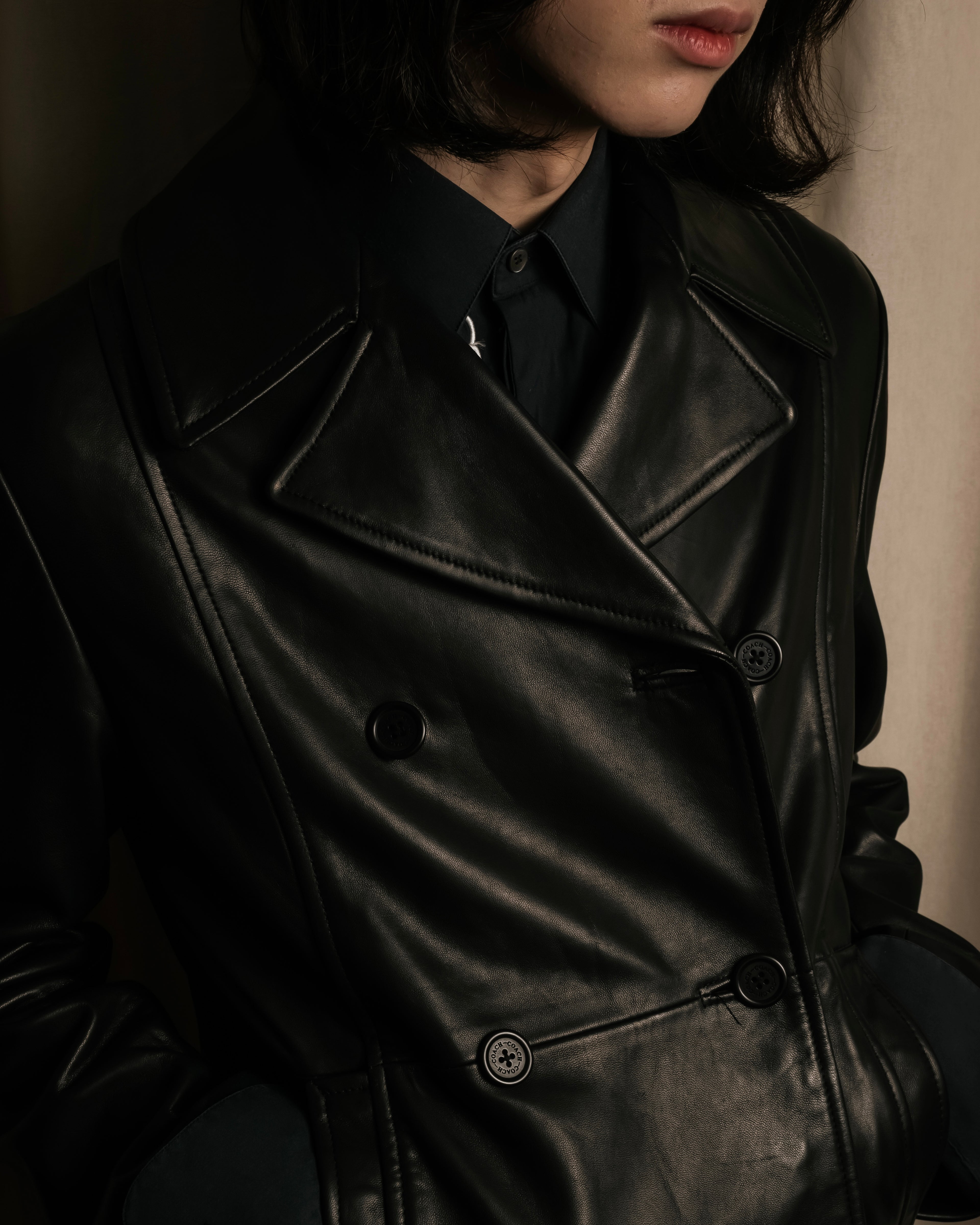 "COACH" Double-breasted panel work design leather coat