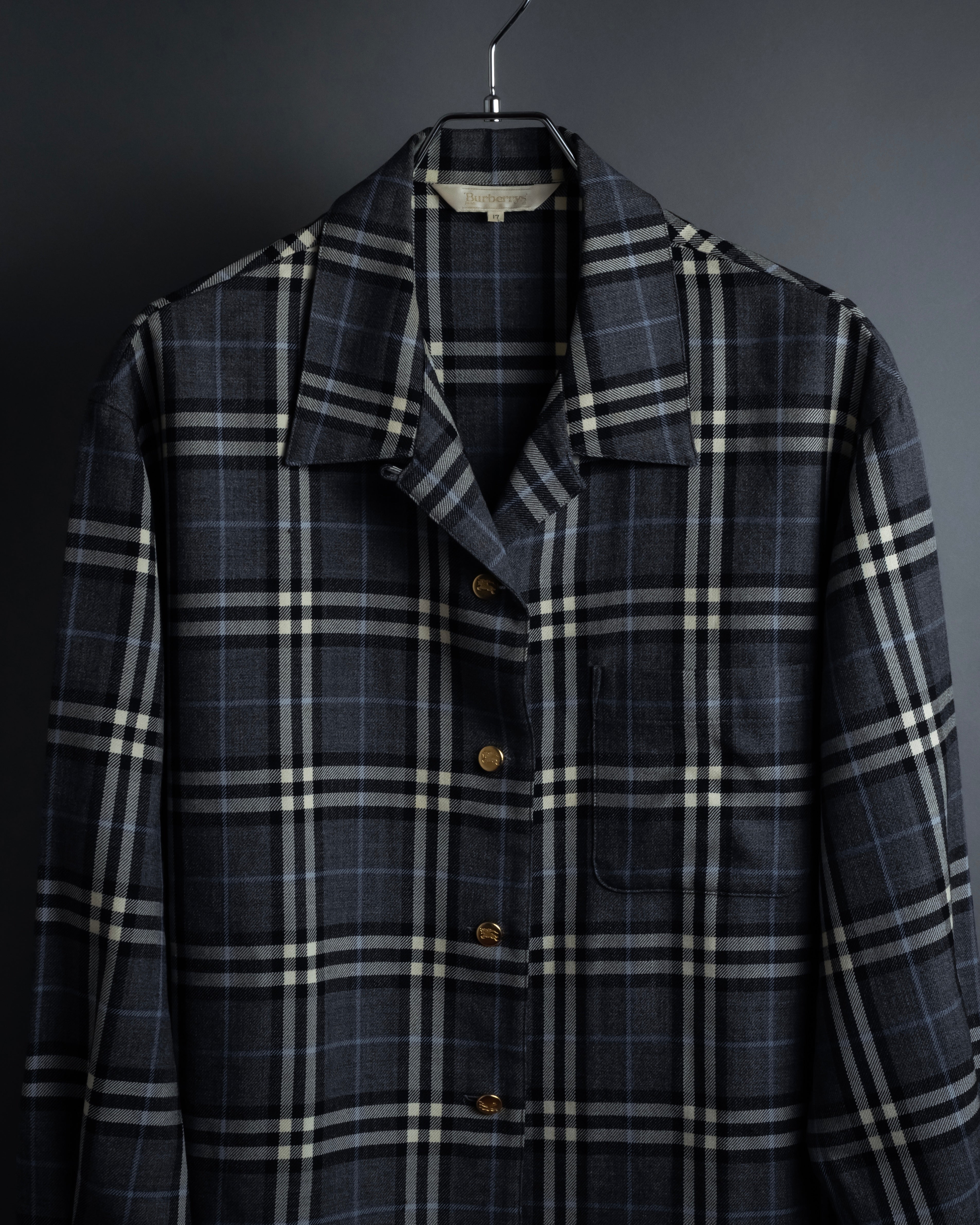 "BURBERRYS" Gold metal button design check pattern wool shirt