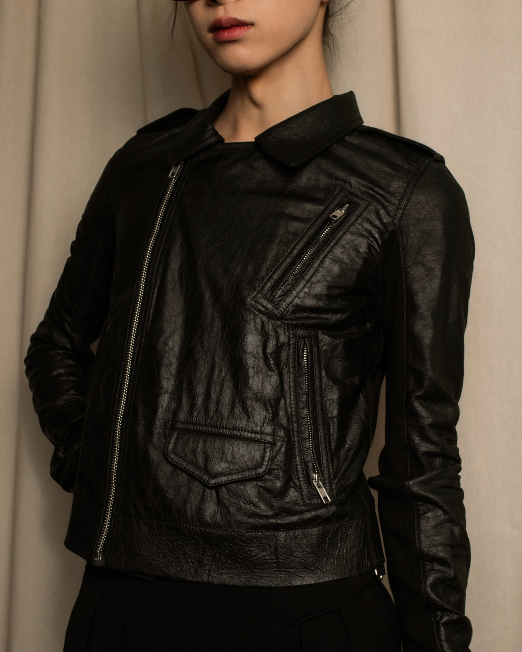 -SPECIAL- "Rick Owens" 15AW Beautiful wrinkles front zip leather jacket