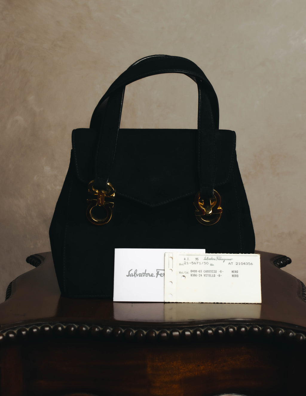 "Salvatore Ferragamo" 90's Black suede top handle handbag
