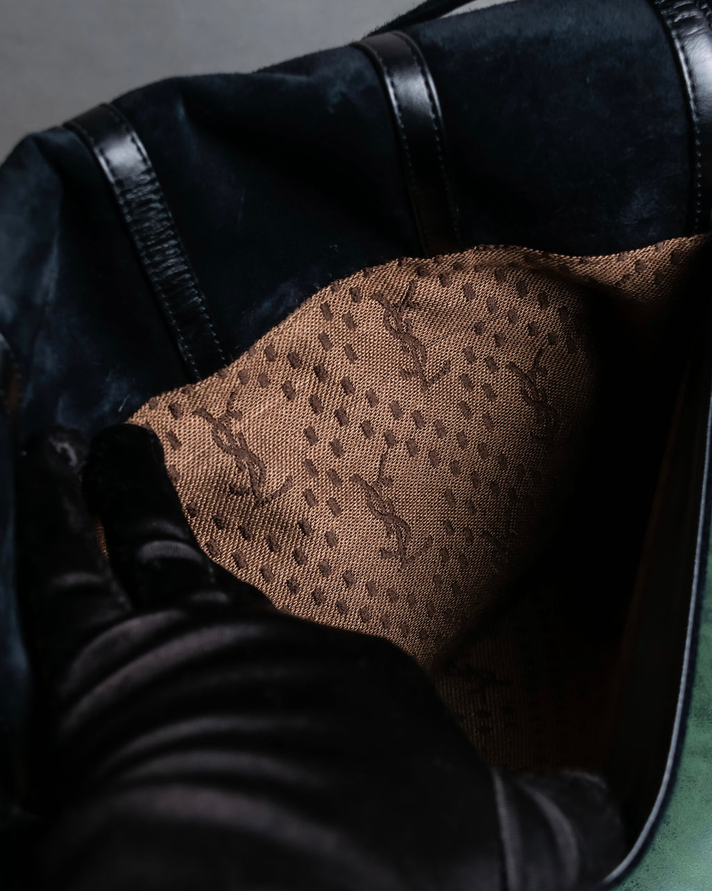 "YVES SAINT LAURENT" Gold medallion motif design suede leather shoulder bag