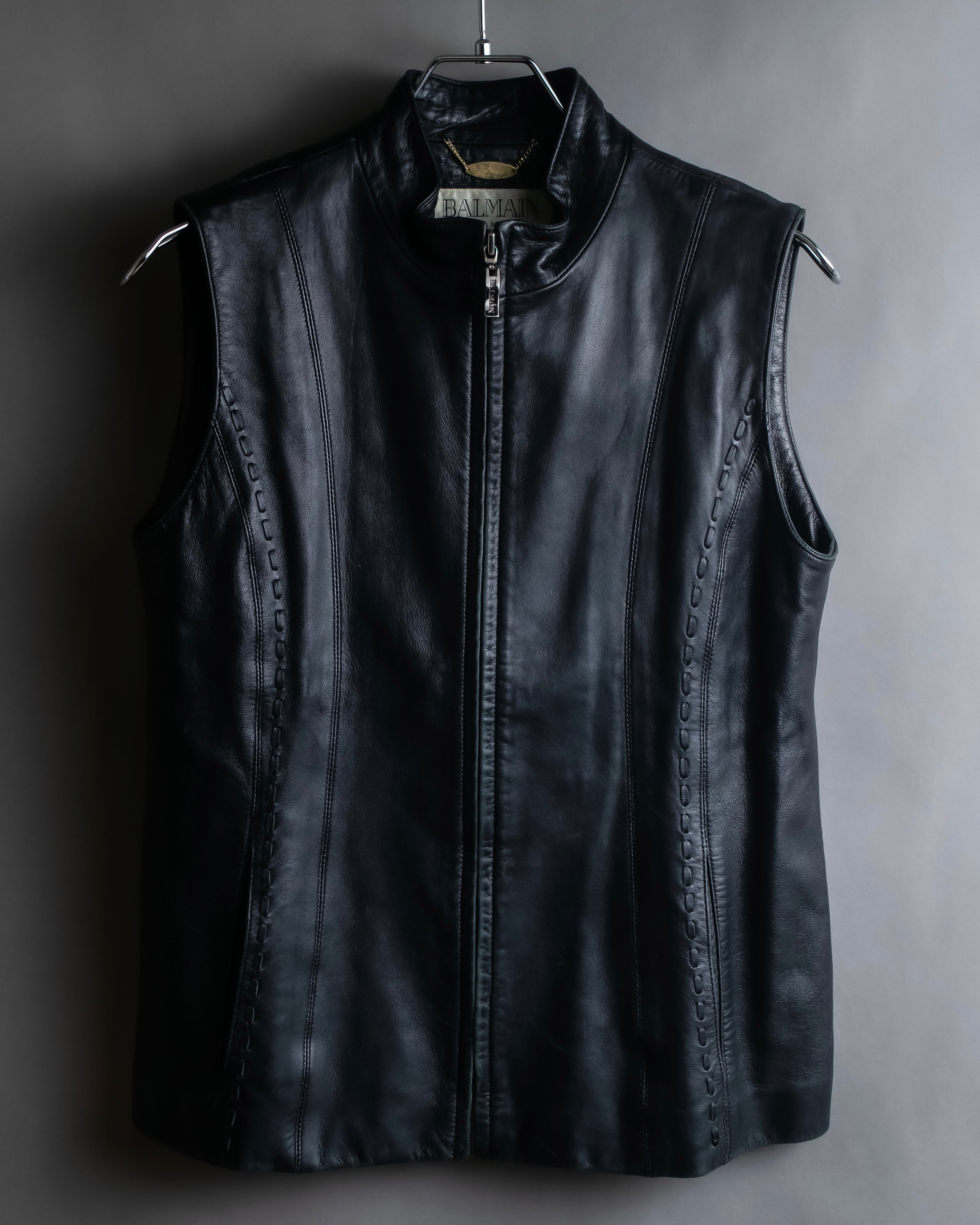 "BALMAIN" Braided detail lamb leather zip-up vest