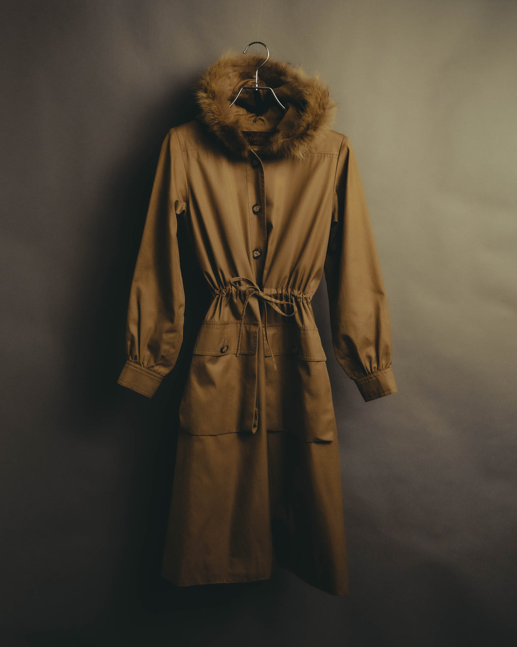 “Yves Saint Laurent” 80’s-90’s Raccoon fur trimmed hooded cotton long coat