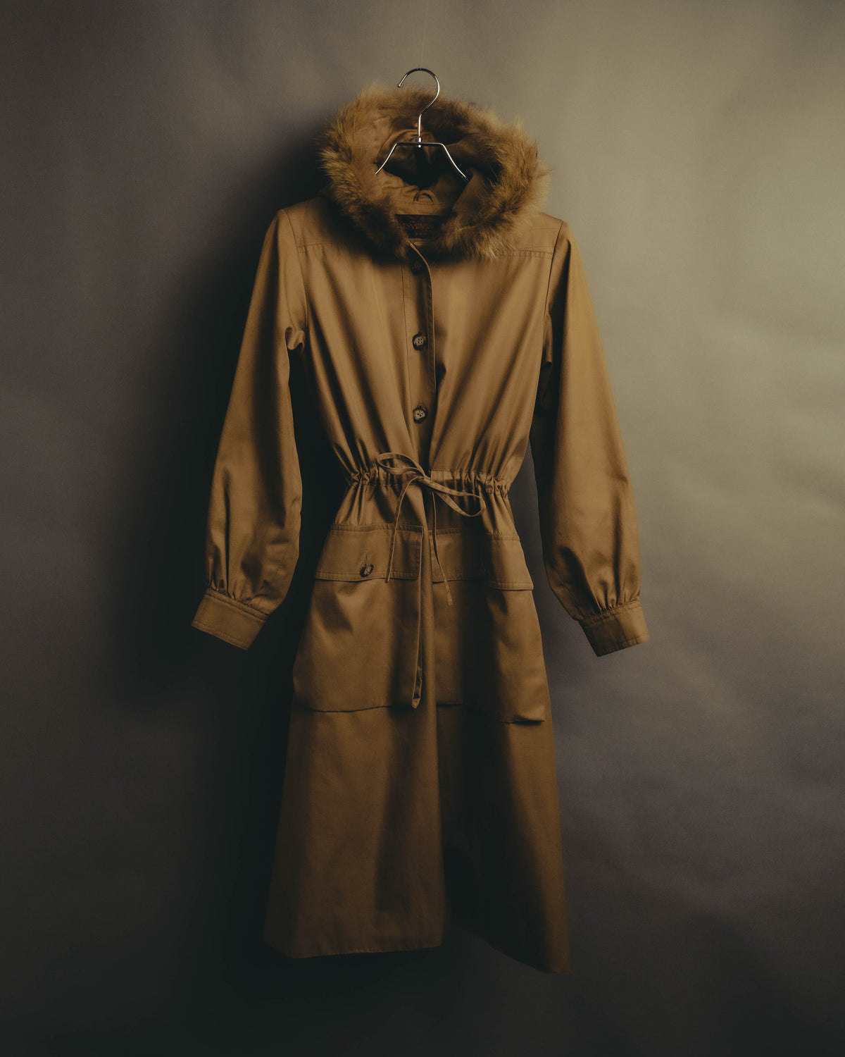 “Yves Saint Laurent” 80’s-90’s Raccoon fur trimmed hooded cotton long coat