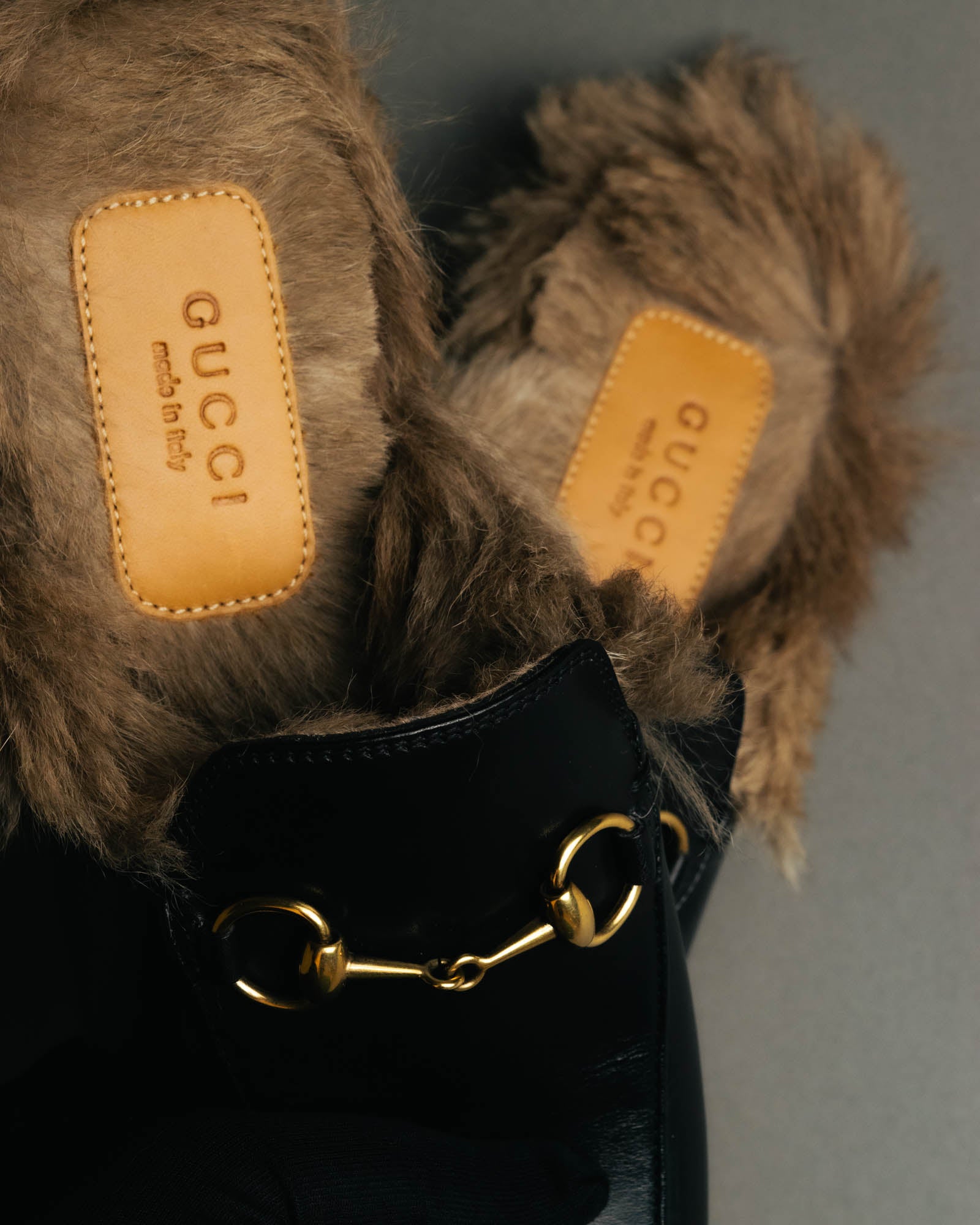 "GUCCI" Fur lined horsebit backless loafer