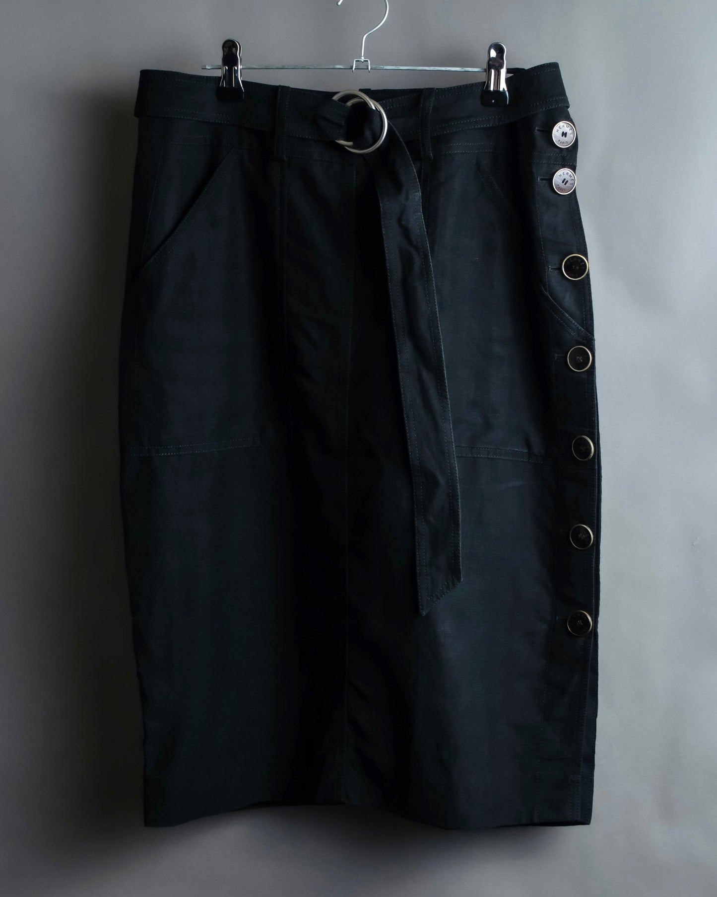 "HERMES" Belted button design linen skirt