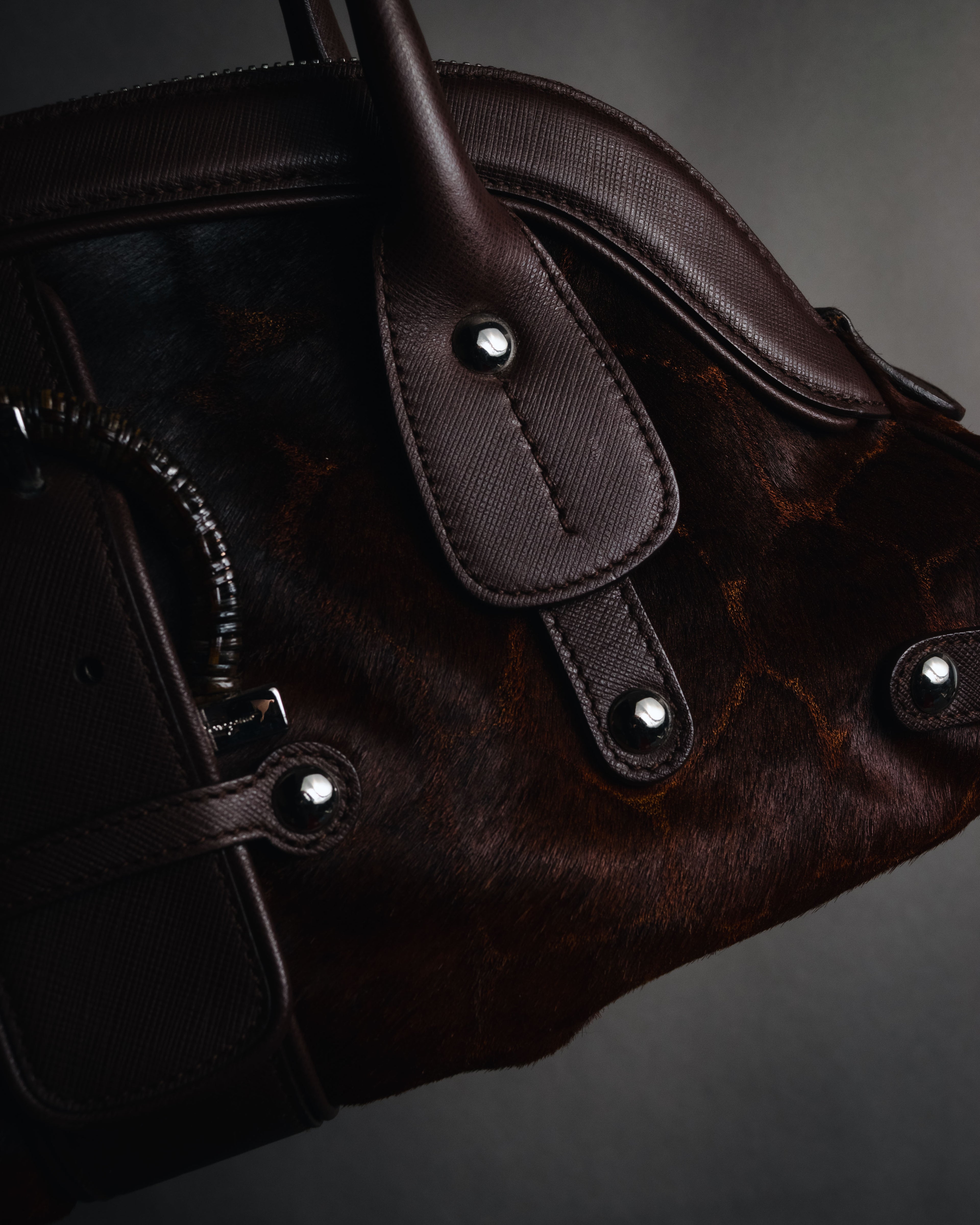 –SPECIAL– "Salvatore Ferragamo" 00’s calf hair gancini rattan accent handbag