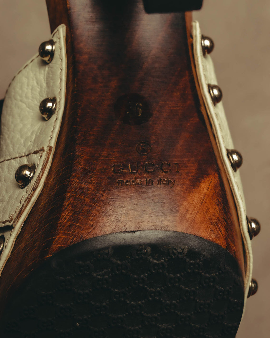 "GUCCI" 90's-00's Horsebit studded wood wedge mule sandals