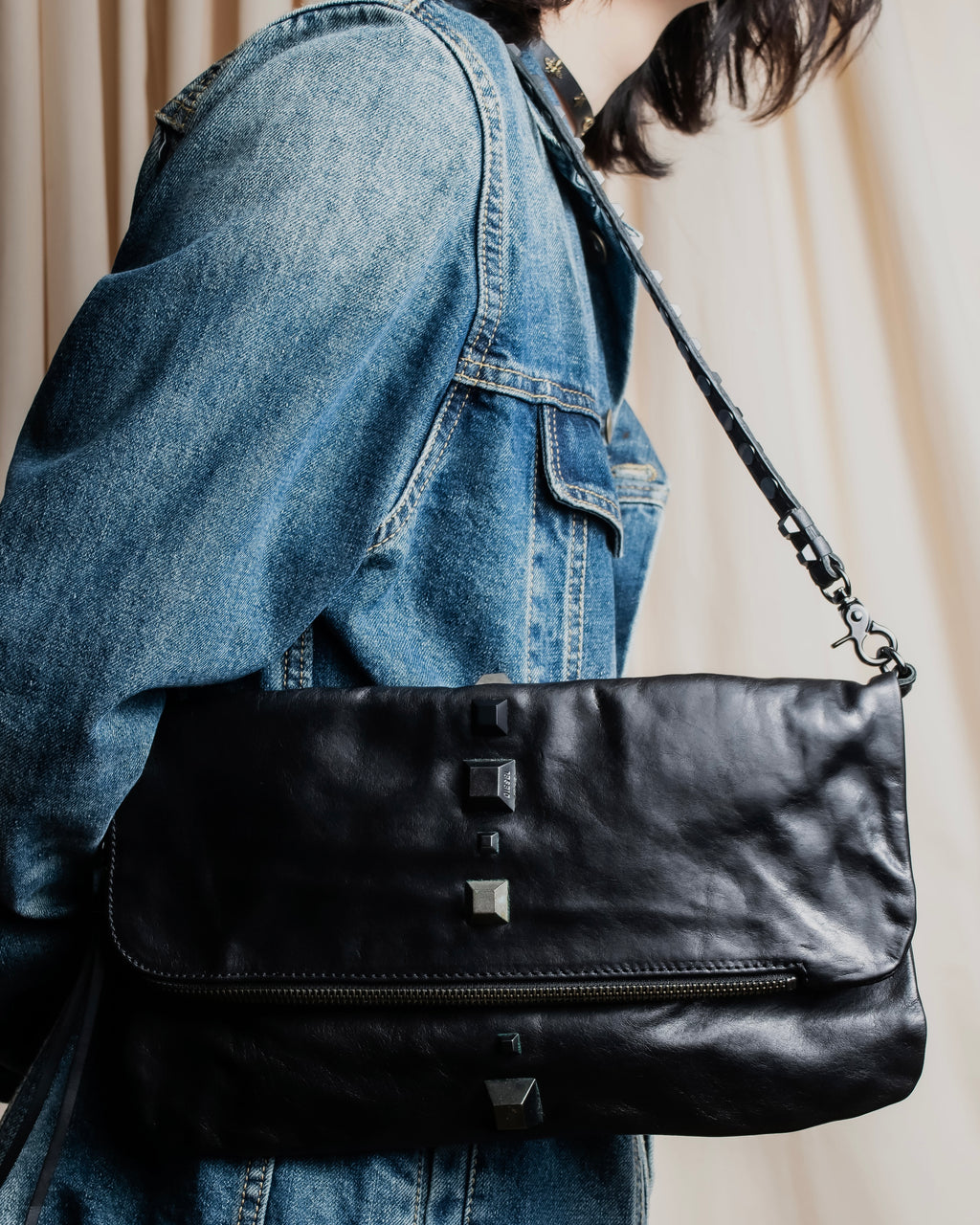 "DIESEL" Silver stud design leather one shoulder bag