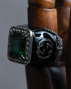 "GUCCI" Emerald color rhinestone GG motif engraved signet ring