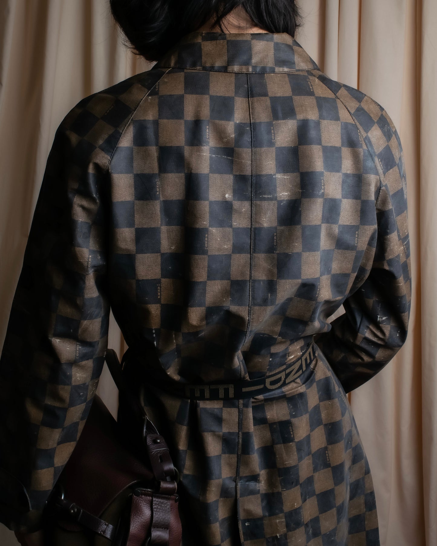 "FENDI" Pecan checkered belted mid length coat